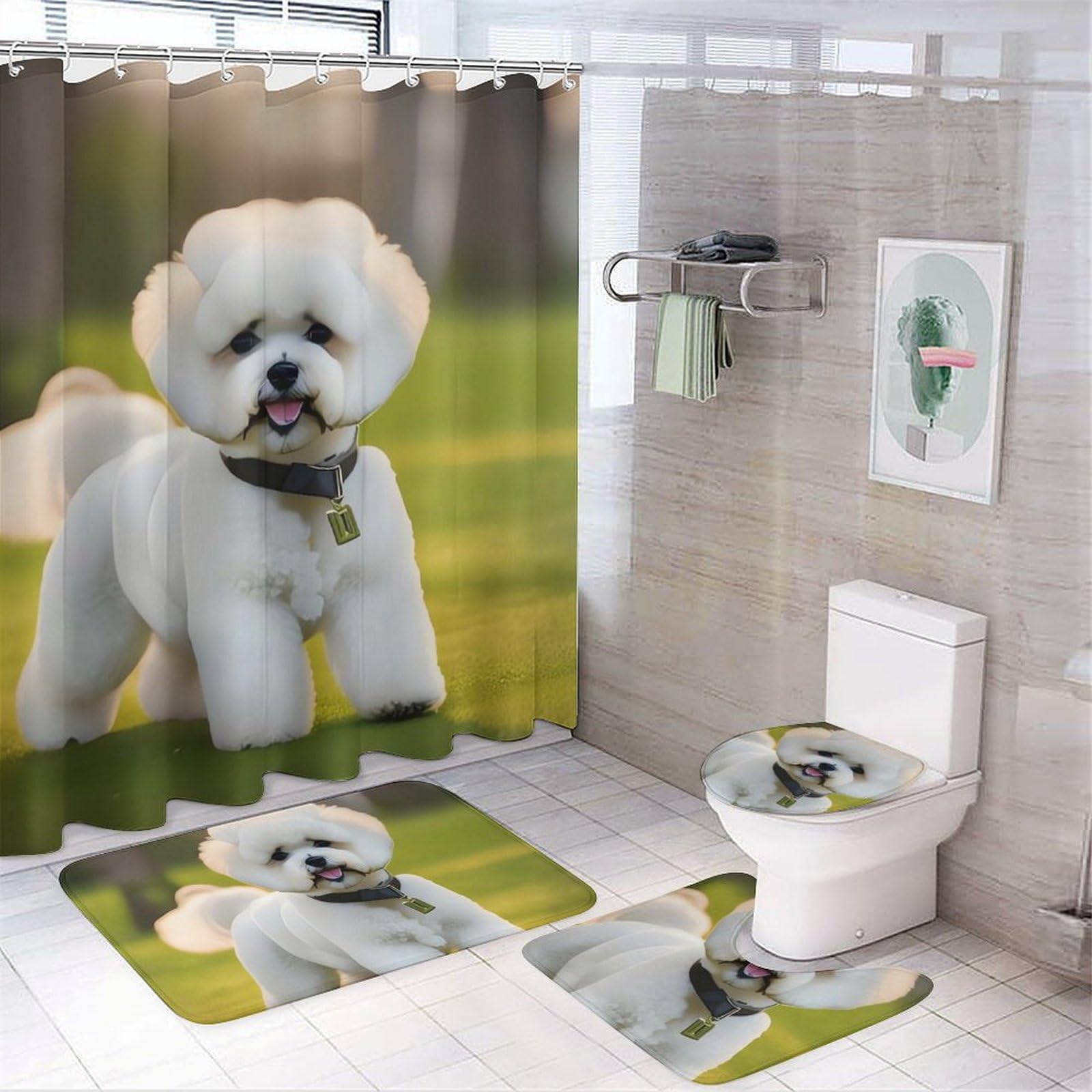 Rideau de douche Bichon Frisé avec tapis de toilette antidérapant et accessoires de bain 4 pièces