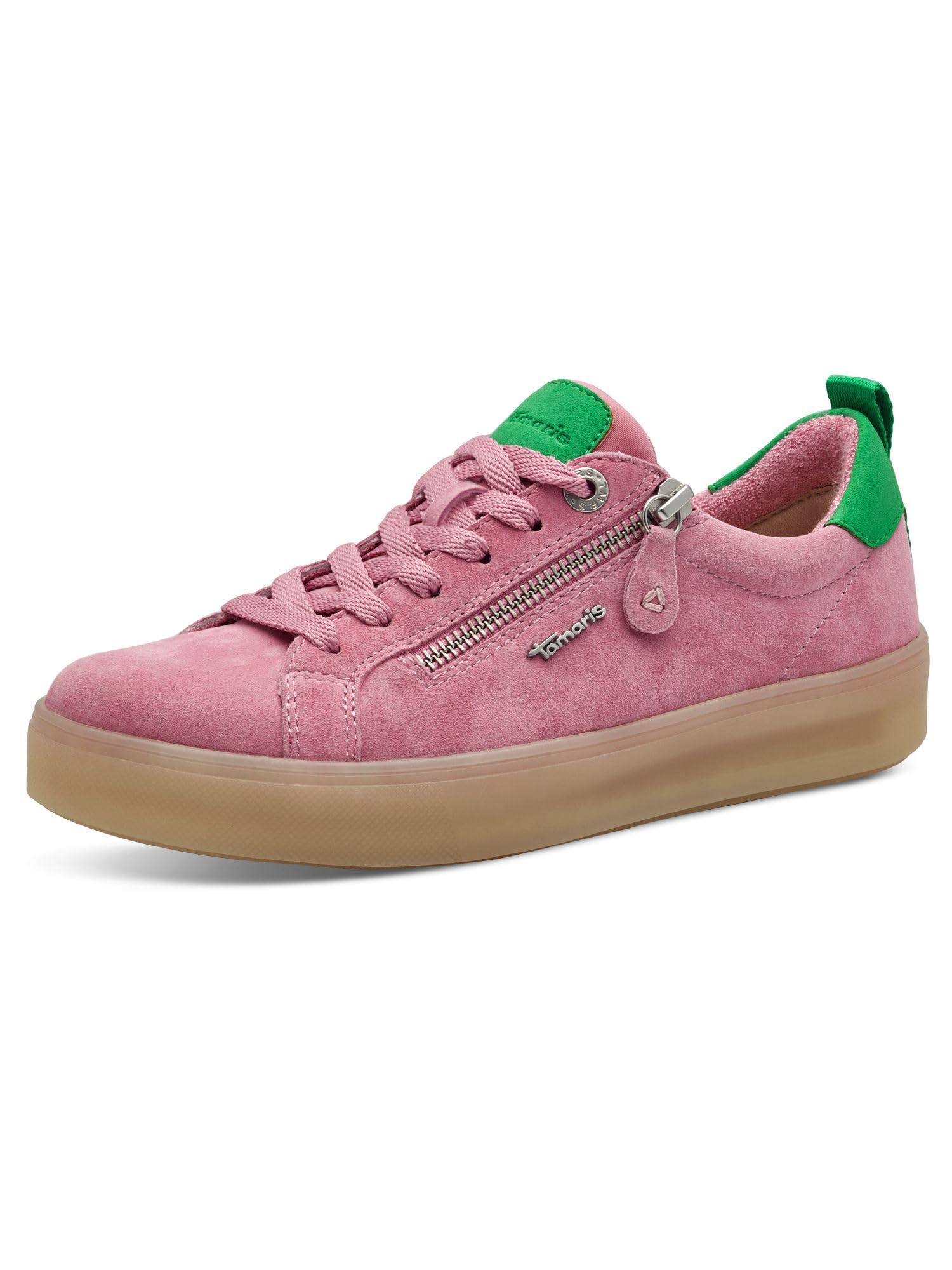 Tamaris Comfort Damen Sneaker flach mit Reißverschluss Freizeit, Rosa (Rose/Green), 37 EU
