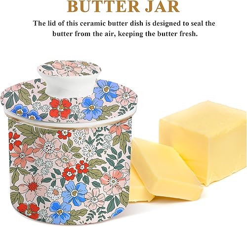Miniatura 2 de Mantequillera de cerámica con estampado floral de mariposa dorada, bonita olla de mantequilla francesa para mostrador con línea de agua, contenedor