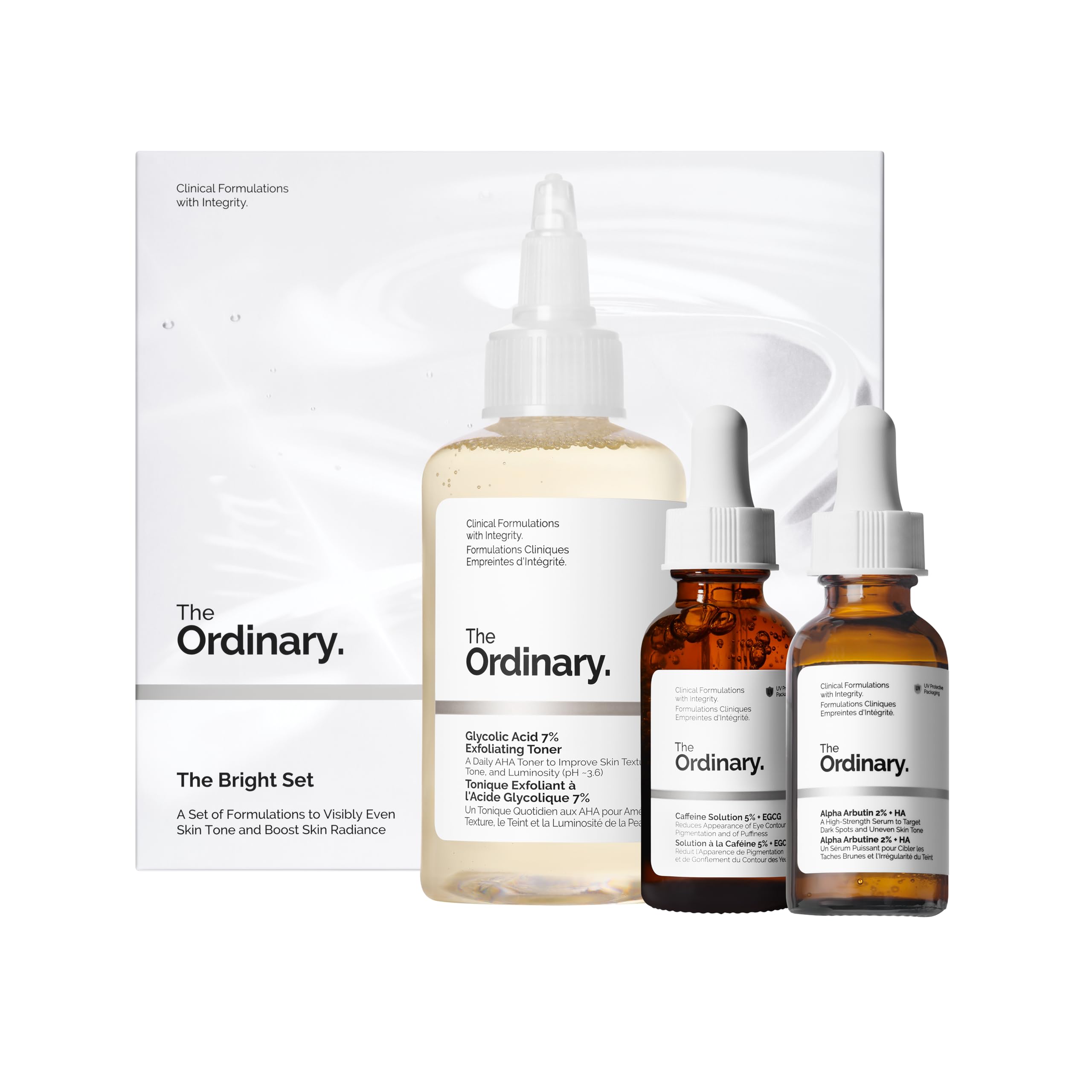 The Ordinary The Bright Set, 3-Step Regimen for Radiant, Even Skin Tone with Glycolic Acid 7% Exfoliating Toner, Alpha Arbutin 2% + HA, and Caffeine Solution 5% + EGCG | Skin Care Set