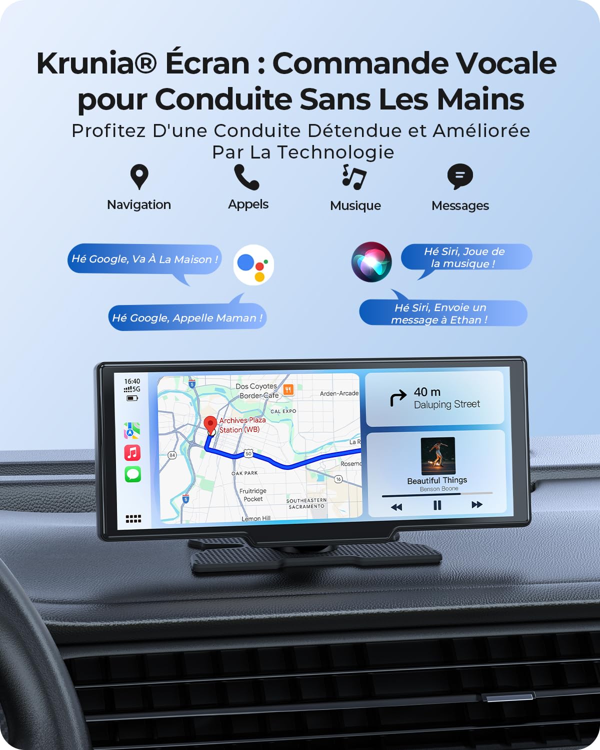 Écran Portable sans Fil 9,26" CarPlay Voiture avec 4K Dashcam & Arrière HD pour Apple Car Play & Android Auto, Mises à Jour OTA, Mirror Link, Bluetooth 5.0, Commande Vocale, GPS, FM