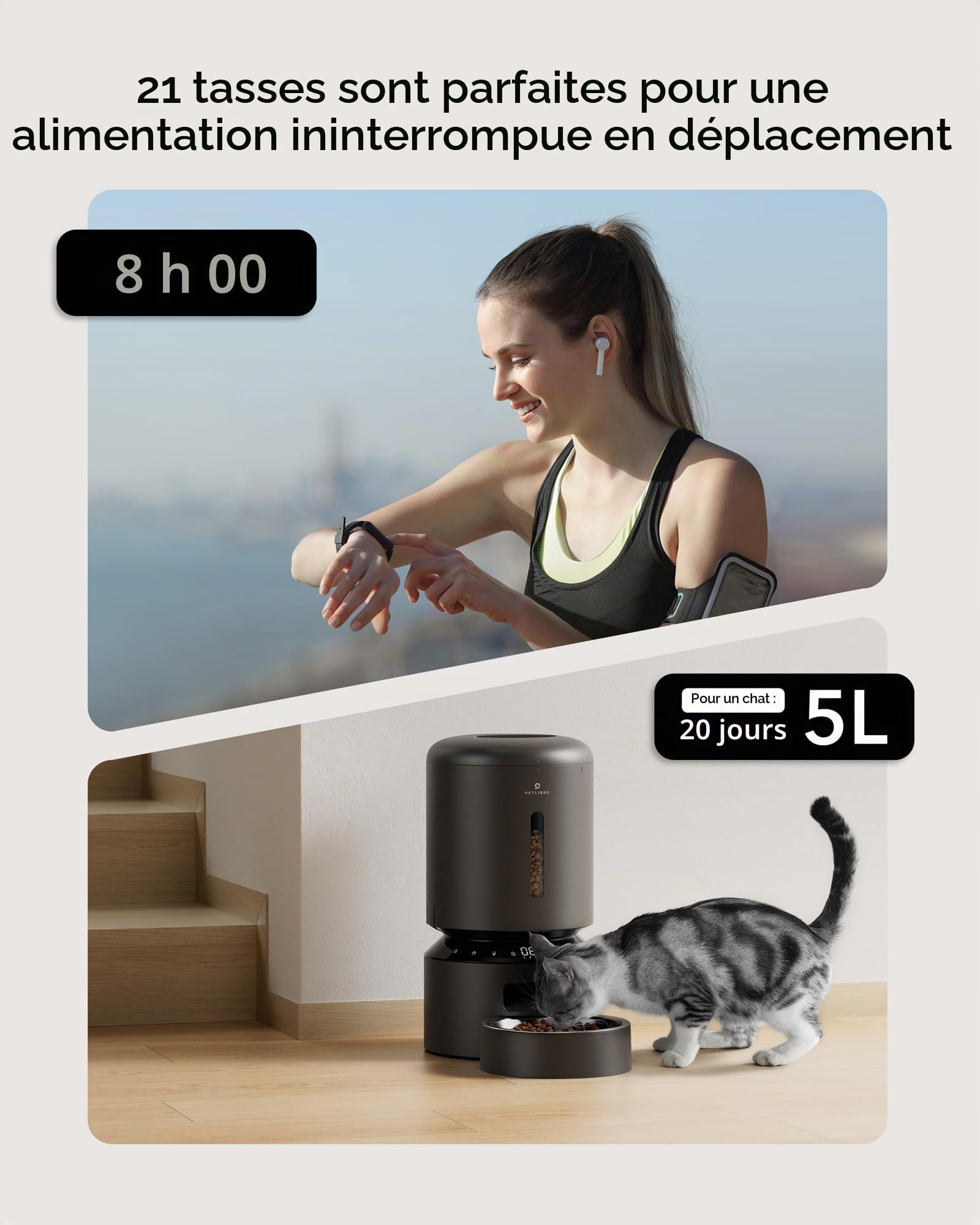 PETLIBRO Distributeur Automatique de Nourriture pour Chat, Triple Conservation avec Bol en Acier Inoxydable et Couvercle à Verrouillage Rotatif, jusqu'à 50 portions, 6 Repas par Jour, Grenier pour