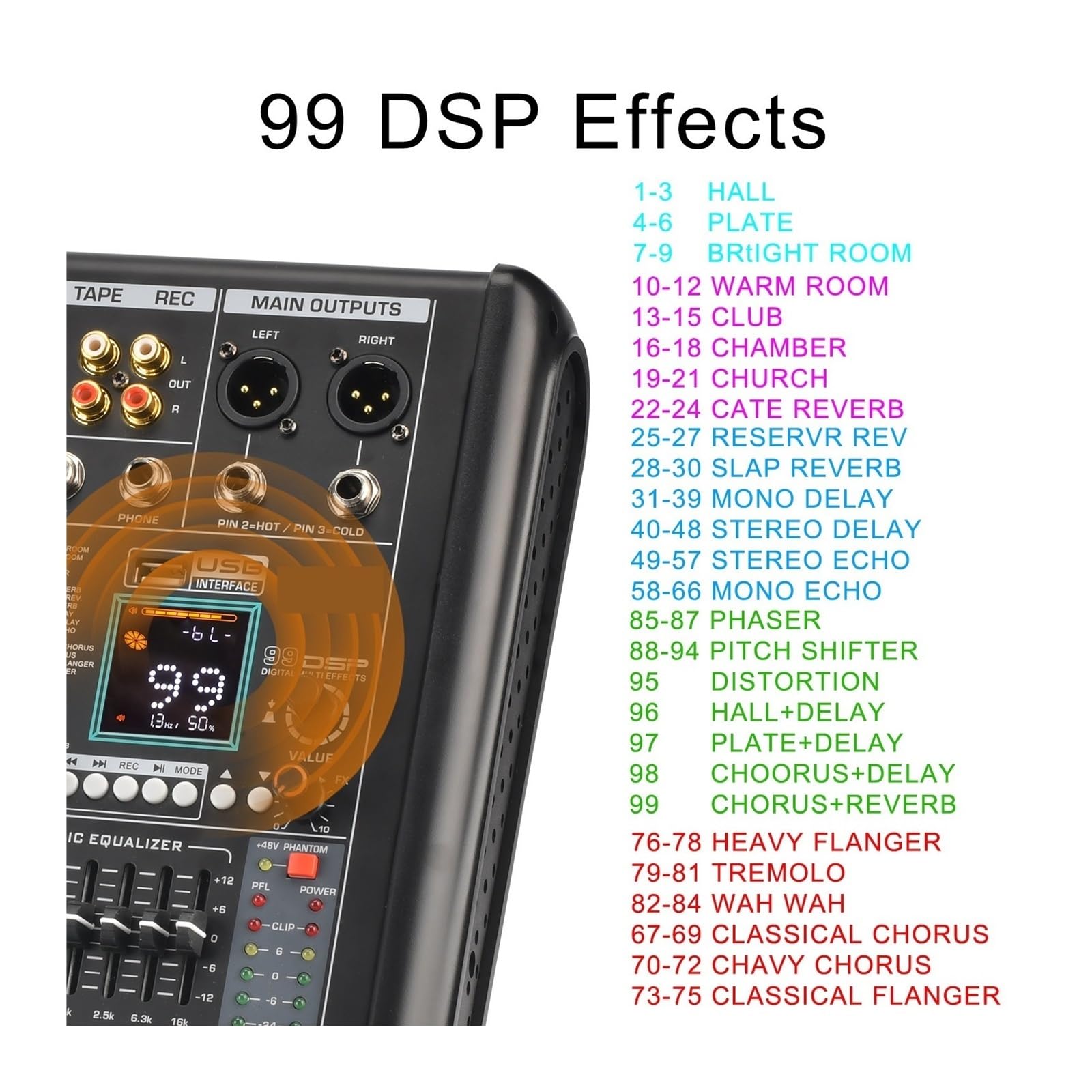 Audiomixer, 6 Mono-Kanal-Mischpult-Monitor Low Cut 99 DSP-Effekt-PAD Audio-Sound-Mixer 7-Band-EQ USB-Aufnahme für Studio-Karaoke