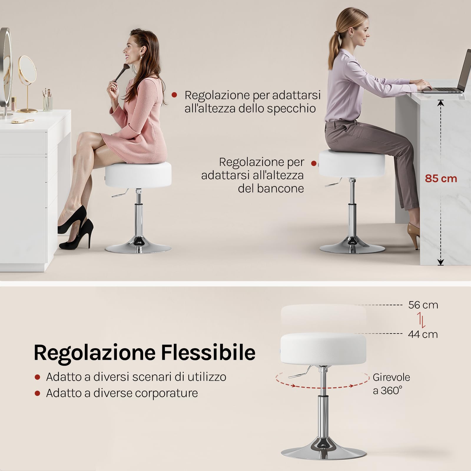 WOLTU Sgabello da Trucco Rotondo Girevole Regolabile in Altezza, Sgabello Imbottito per Toeletta, Sedia da Cucina in Pelle Sintetica, Altezza Seduta 54-69 cm, Bianco