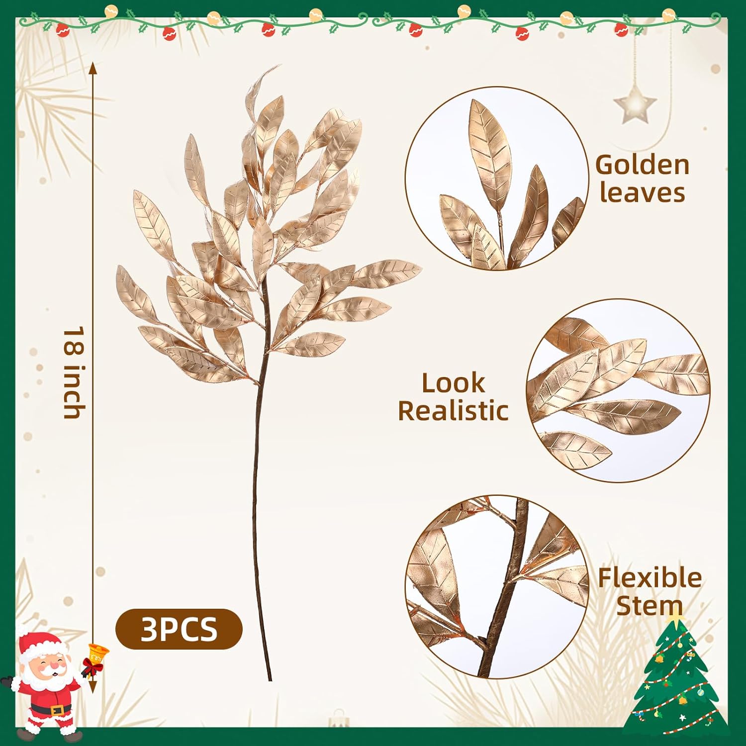 Giegxin 18 Inch Christmas Gold Bay Leaf Picks 6 Pcs Artificial Gold Christmas Decoration Bay Leaf Spray Stems Branch for Xmas Tree DIY Xmas Wreath Garland Home Decor