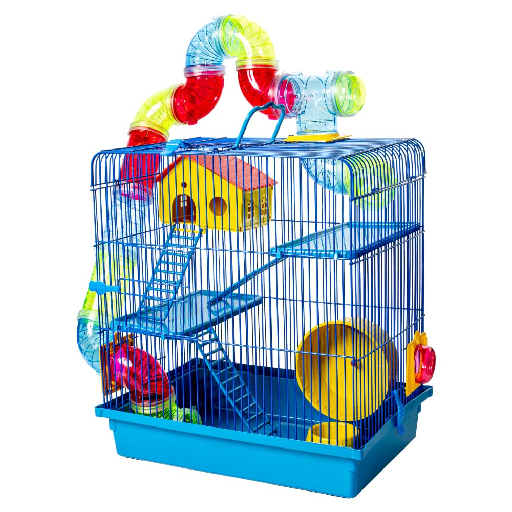 Hamster Cage with Tubes and Wheel, 3 Tier Hamster Cage Platform with Top Access, Multi Level Cage, Easy Clean and Assembly, Includes Hamster House and Feeder Bowl, 39L × 27W × 42H cm (Blue)