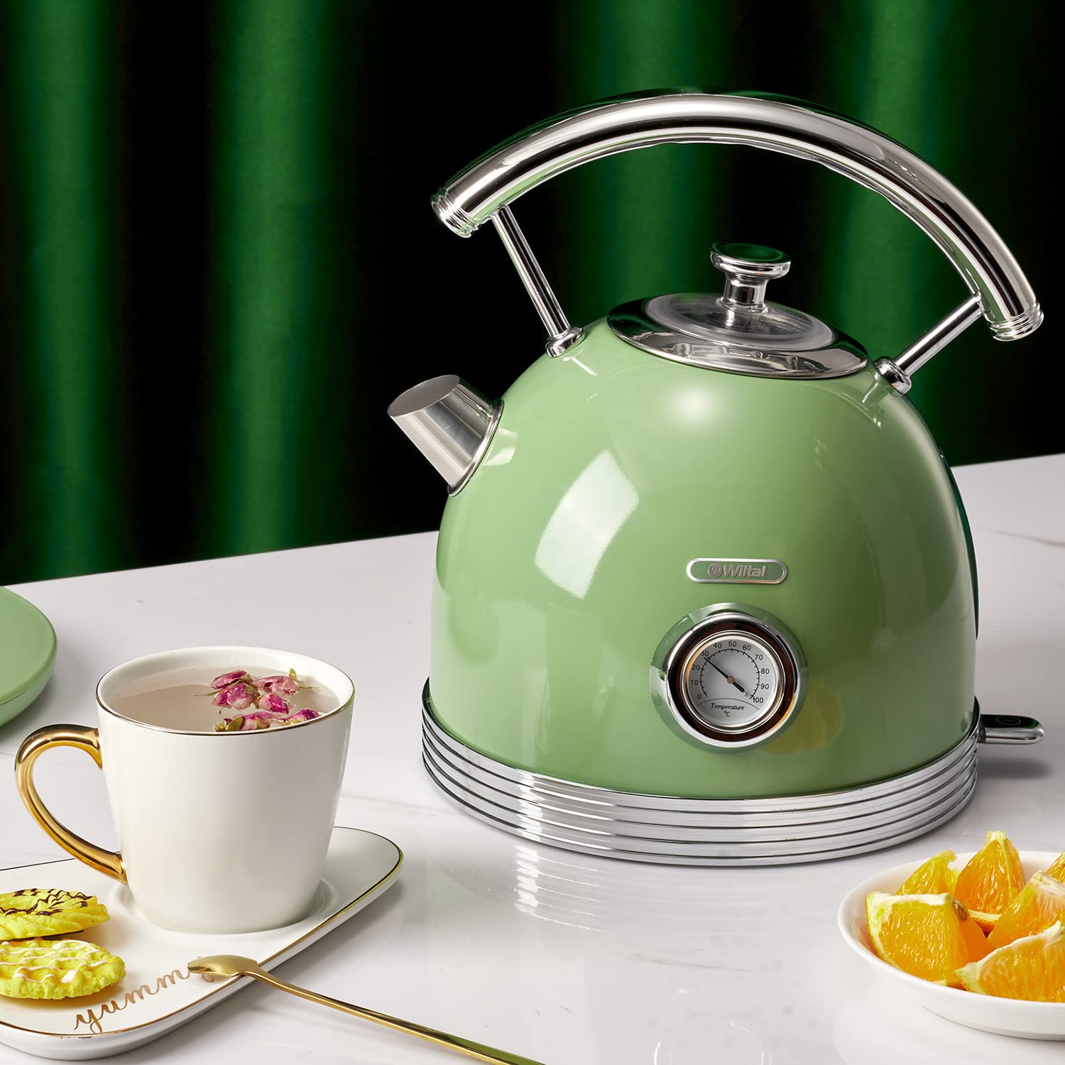 Hervidor eléctrico retro Wiltal, de acero inoxidable, juego de hervidor eléctrico y tostadora, 2200 W, 1,8 litros, ideal para té, café, alimentos para bebés, sin BPA. Verde