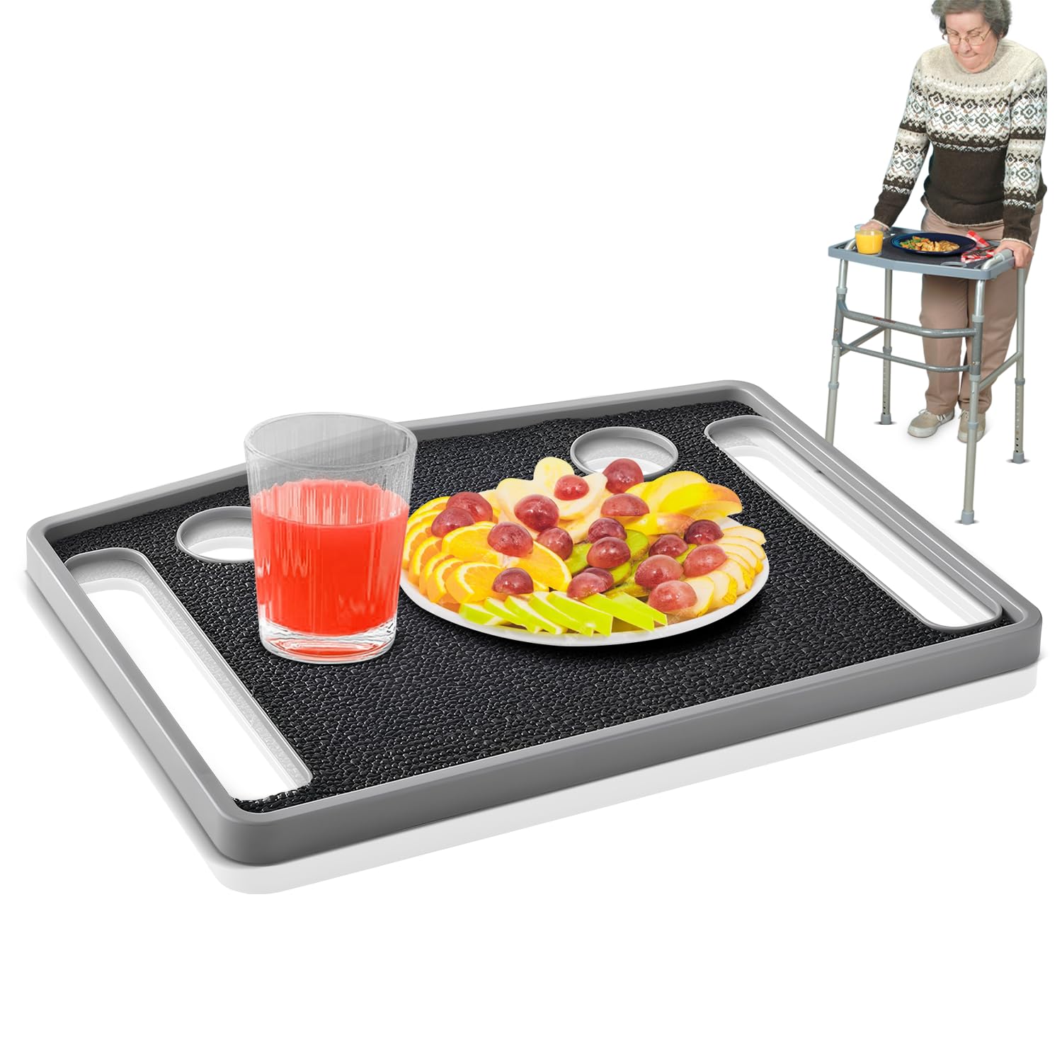 bundaloo universal walker tray with non-slip mat, lightweight walker accessory tray for meals, drinks, and daily use, includes dual cup holders, fits most standard walkers, gray