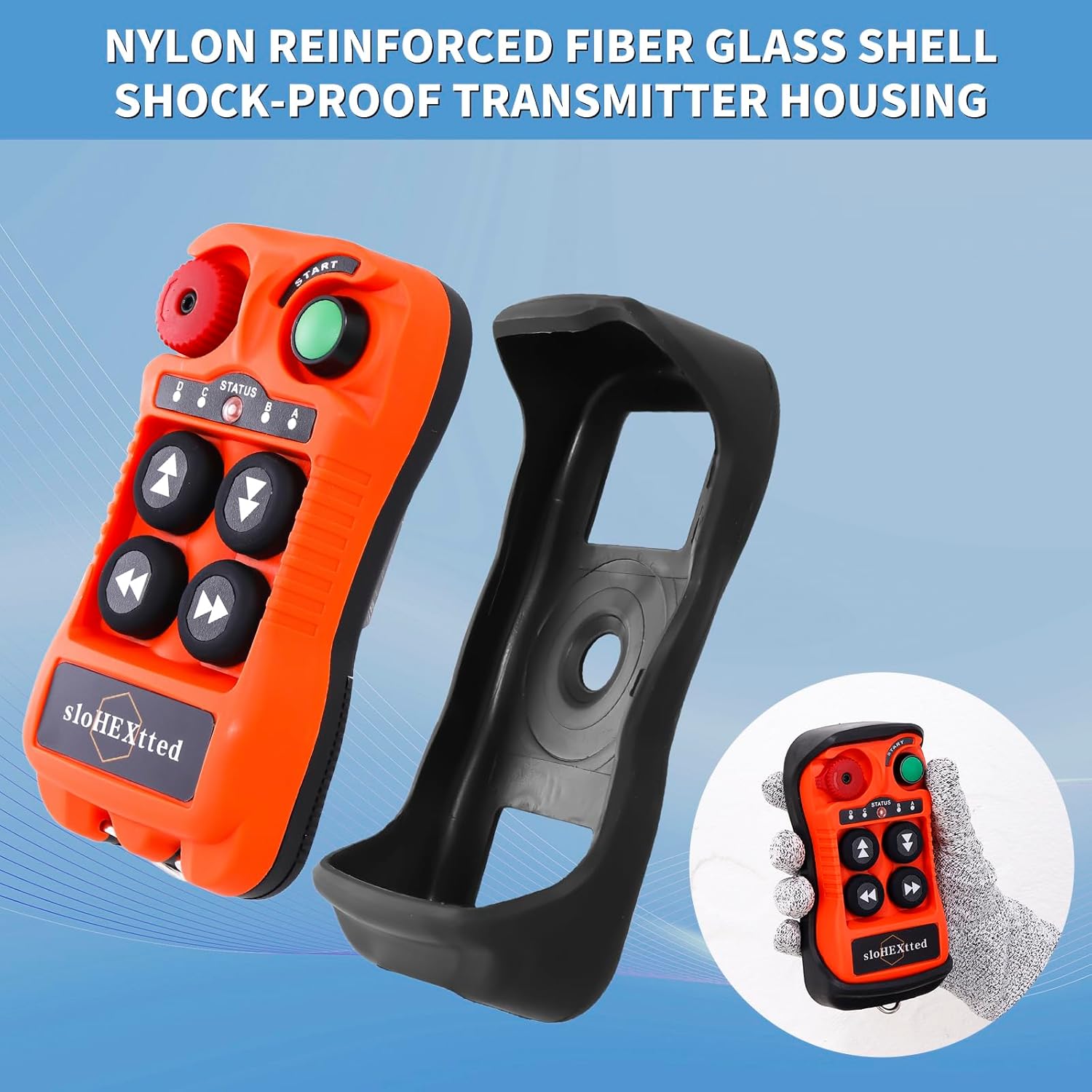 Close-up of the red Emergency Stop button on the sloHEXtted remote control, highlighting its EU Standard and reinforced nylon shell.