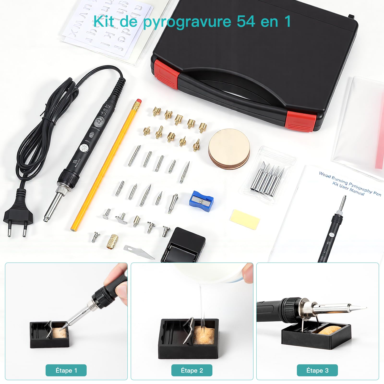 Pyrograveur sur bois, Set Pyrogravure 54-en-1, 60W, Température 220-480°C – Pyrograveur enfant et adulte, pour Bois, Cuir, Pirogravure pour adulte bois – Idéal pour débutants
