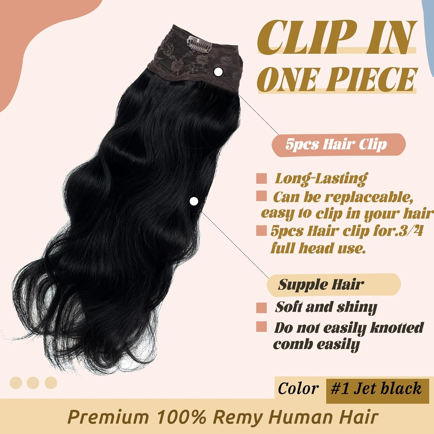 Clip in Hair Extensions Real Human Hair,Jet Black 22inch Thin Clip in Human Body Wave Double Weft One Piece with 5 Clips Full Head for Women Adding Hair 100g/3.6oz