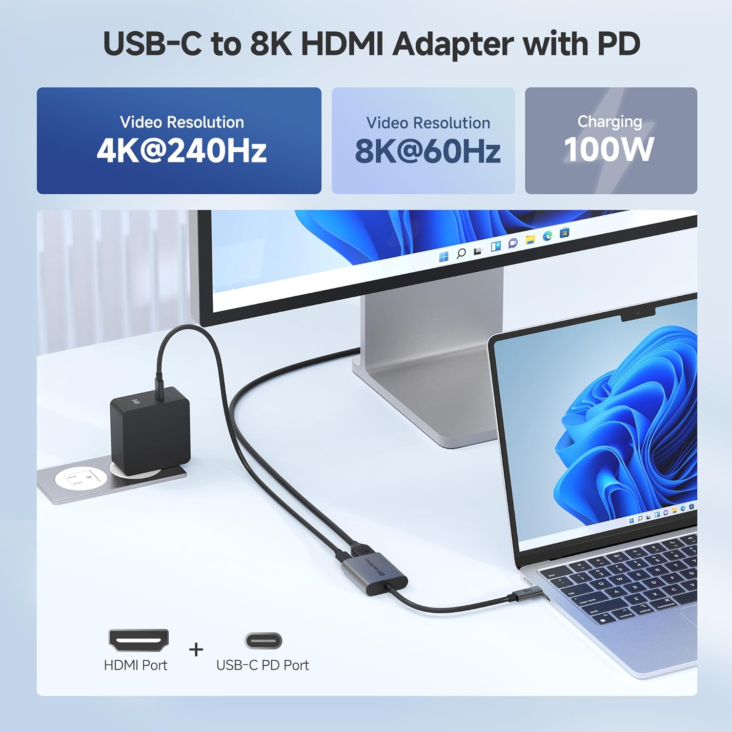 Cable Matters 48Gbps USB C to HDMI 2.1 Adapter with 100W Charging, 4K 240Hz /8K 60Hz HDR - Thunderbolt 4 Compatible with iPhone 16/15 Pro Max (Max Resolution on Any MacBook is 4K@60Hz)
