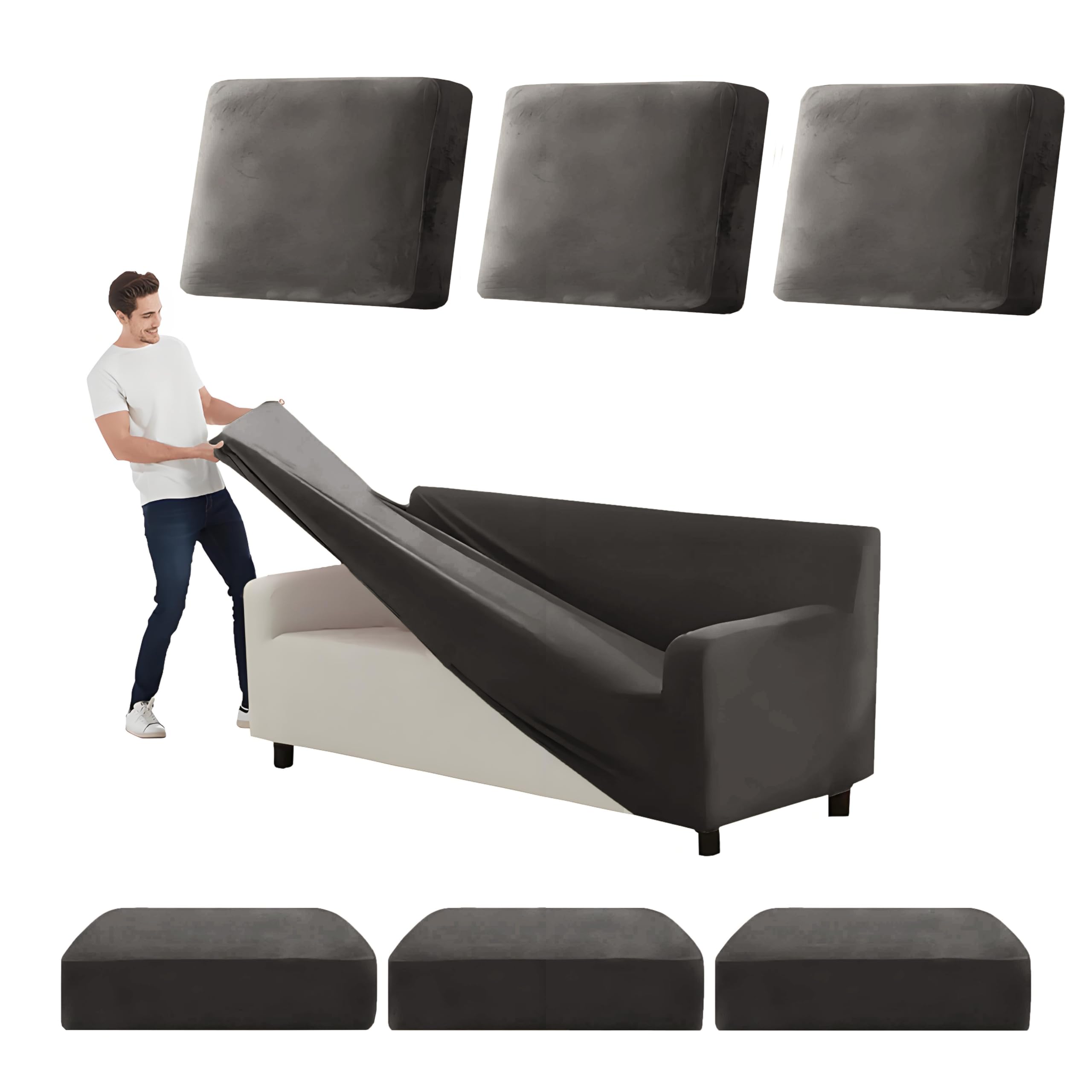 SYLC Stretch Ektorp Sofa Cover, Velvet Sofa Covers 1/2/3/4 Seater with Seat Cover and Back Cover, Non-slip Settee Covers Well-fitted (dark grey,XL 235-300cm 7pcs) โ image 1