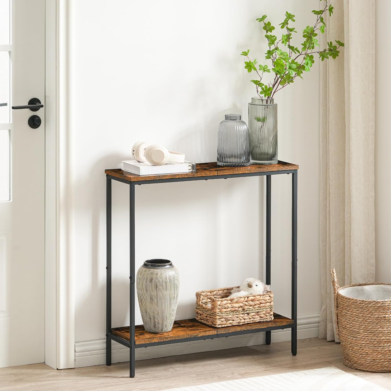HOOBRO 29.5"L Narrow Console Table, 8.7"D Small Entryway Table, Sofa Table Behind Couch with 2-Tier Storage Display Shelves, for Hallway, Foyer, Living Room, Bedroom, Rustic Brown and Black BF22XG01