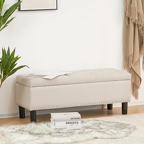 Miniatura 9 de Furnimart Banco otomano de almacenamiento de 42.5 pulgadas, banco de almacenamiento tapizado para dormitorio, entrada, sala de estar, lino copetudo