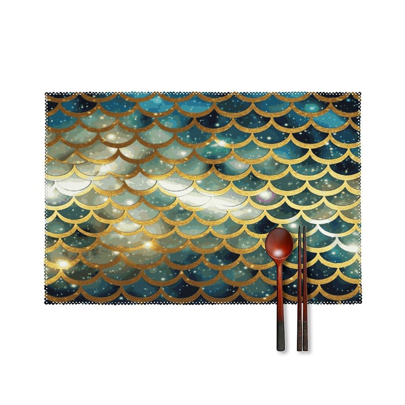 Fekiloot Style Golden Glittering Fish Scales Placemats Set Of 6,Table Mat