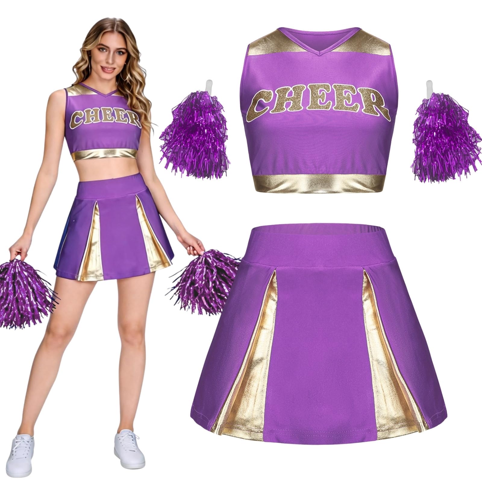 maxToonrain Women Cheerleader Costume with Shiny Gold Accents 3 PCS Adults Cheerleader Outfit with Pom Poms, Top, Skirt for 2026 High School Musical Events Halloween (Purple,M)
