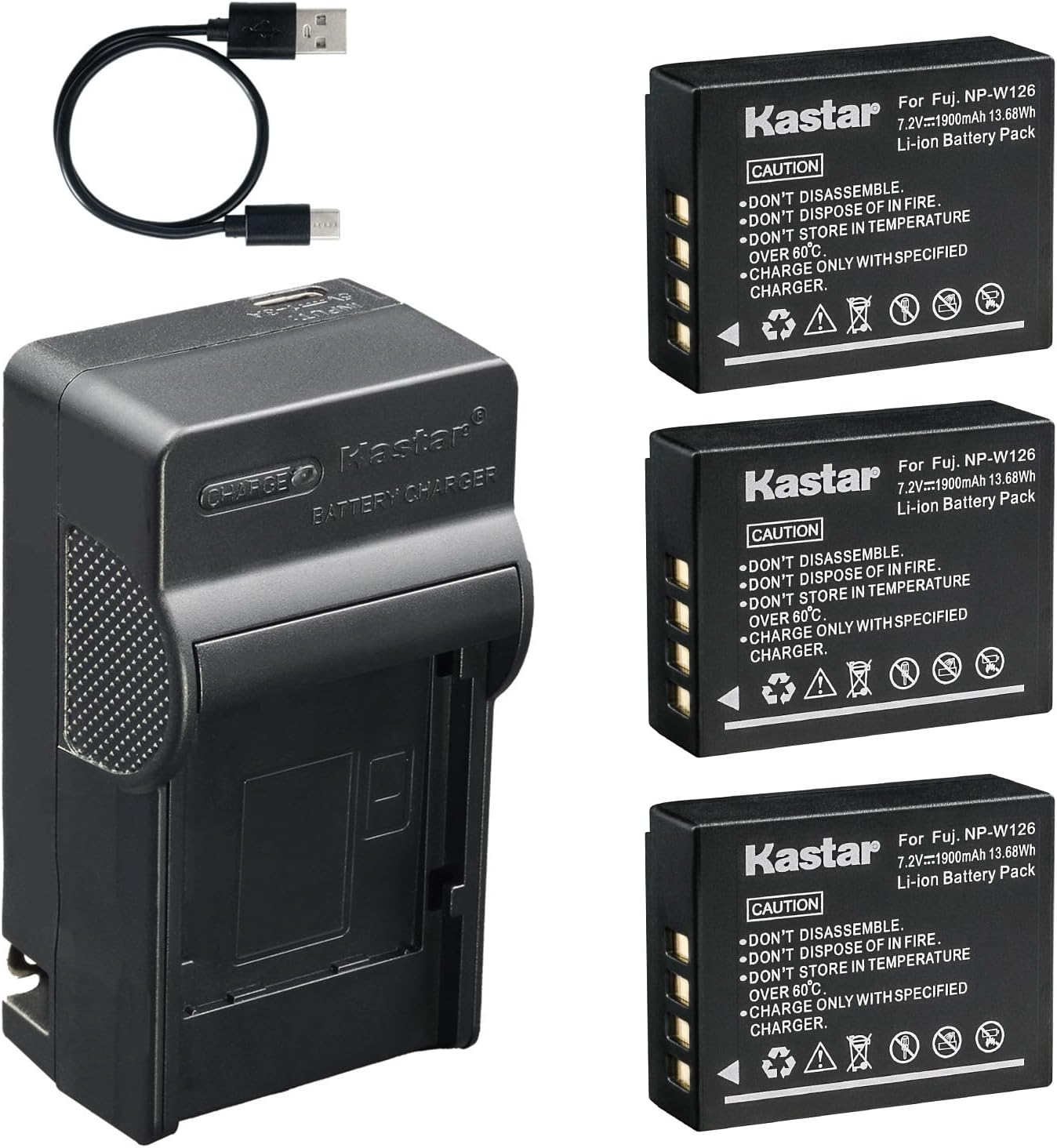 Kastar 3-Pack Battery and AC & USB-C Charger, Compatible with Fujifilm NP-W126 NP-W126S BC-W126 for X-T1 X-T2 X-T3 X-T30 X-E2 X-E3 X-A5 X100F X100V Digital Cameras