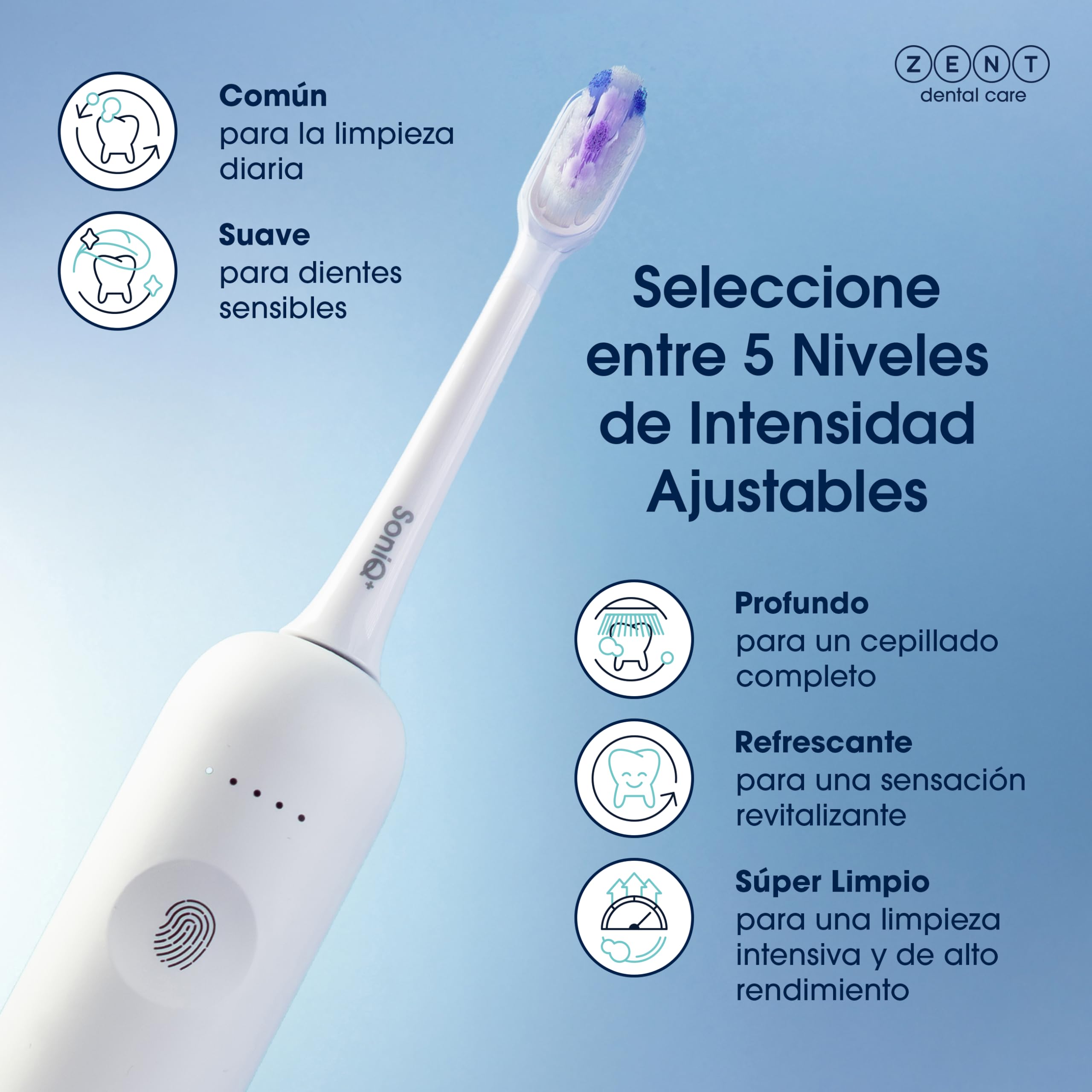 ZENT Cepillo de dientes eléctrico 2en1 para dientes sensibles | Cepillo sonico dental con movimiento rotativo de 60°, 5 modos de funcionamiento, IPX7 Impermeable, Cargador por inducción