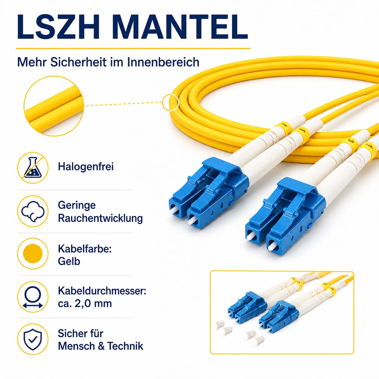 1aTTack.de 1 x 20 m OS1 / OS2 LWL DX DUPLEX kabel krosowy LC/UPC - LC/UPC SM SINGLEMODE - 9/125 µm LSZH żółty