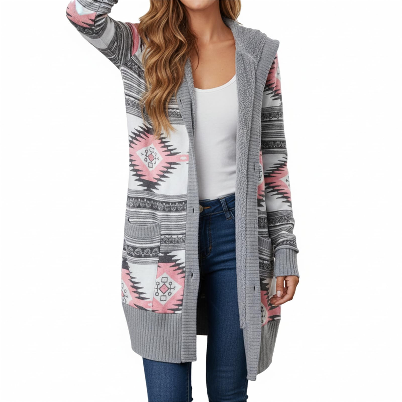 Womens Button Down Fleece Lined Cardigan Hoodie Long Sleeve Aztec Geometric Print Cable Knit Outwear with Pockets