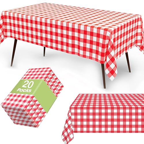 Drihara 20 Pack Rectangular Tablecloth, Red and White Checkered Pattern, 55 x 103 inches, Disposable Plastic Table Covers for Parties, Outdoor, Restrant and Home (20 Pack)
