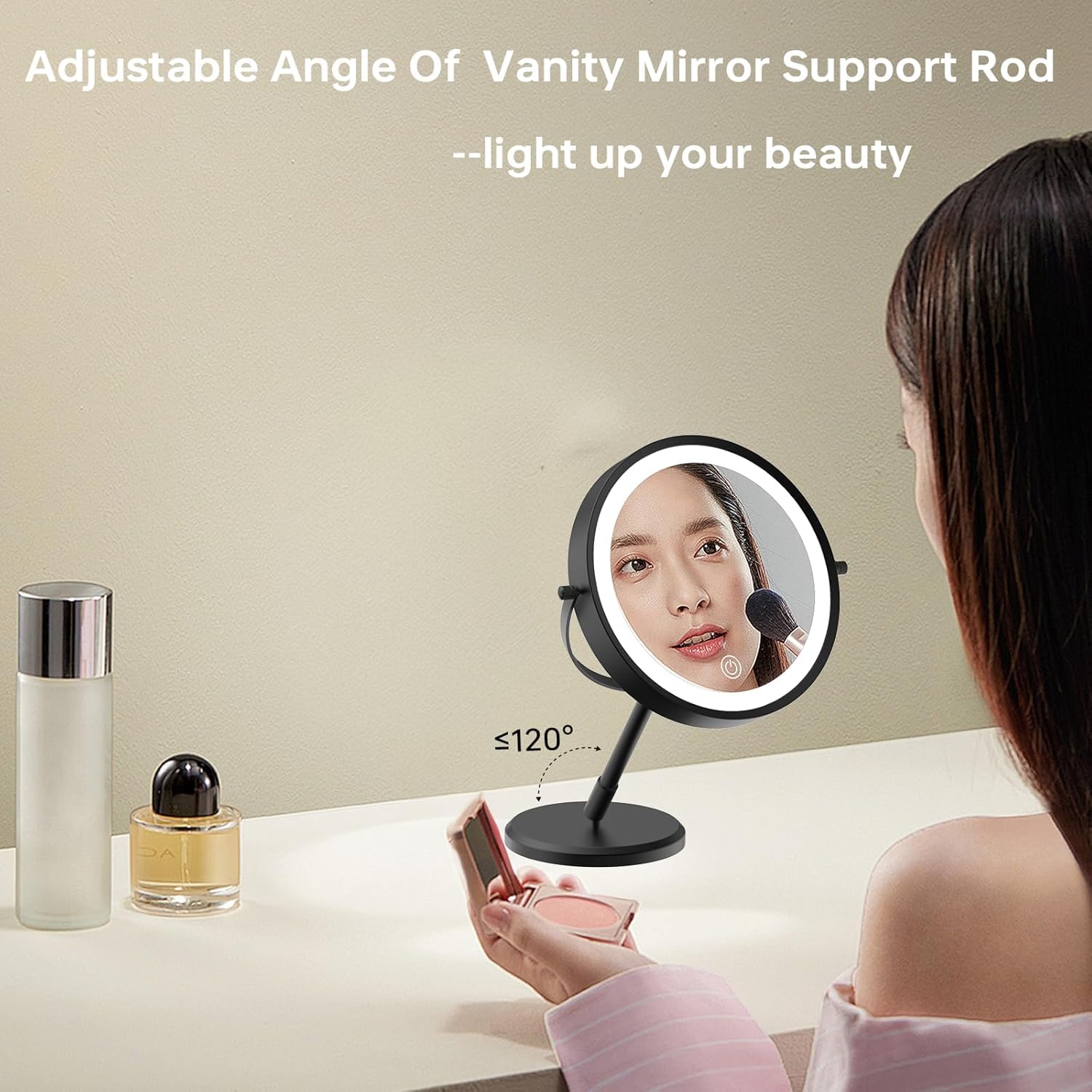 Espejo de maquillaje plegable de viaje con luces y aumento, espejo de aumento iluminado de doble cara 1X/10X con batería recargable, brillo ajustable, iluminación de 3 colores, negro