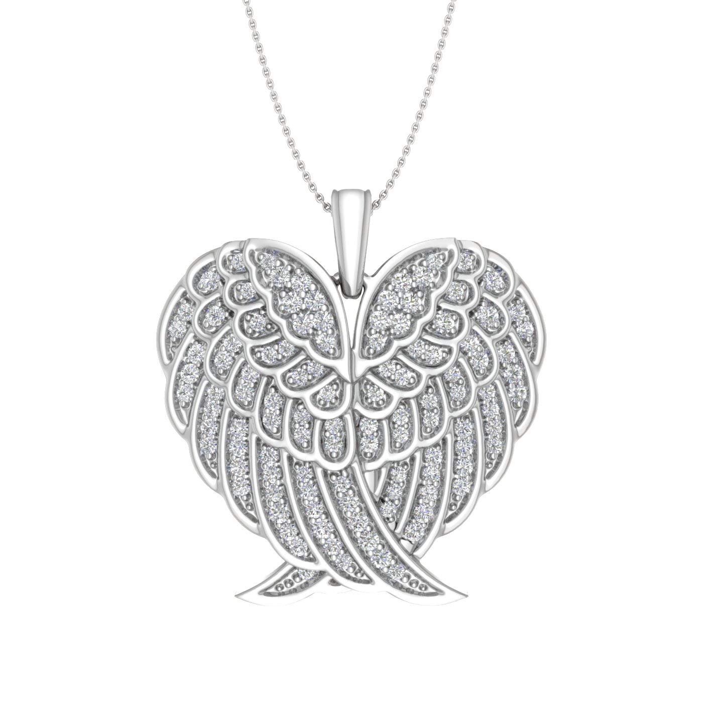 FINEROCK 1/2 ct White Diamond or Black & White Diamond Double Angel Wings Heart Necklace in 925 Sterling Silver