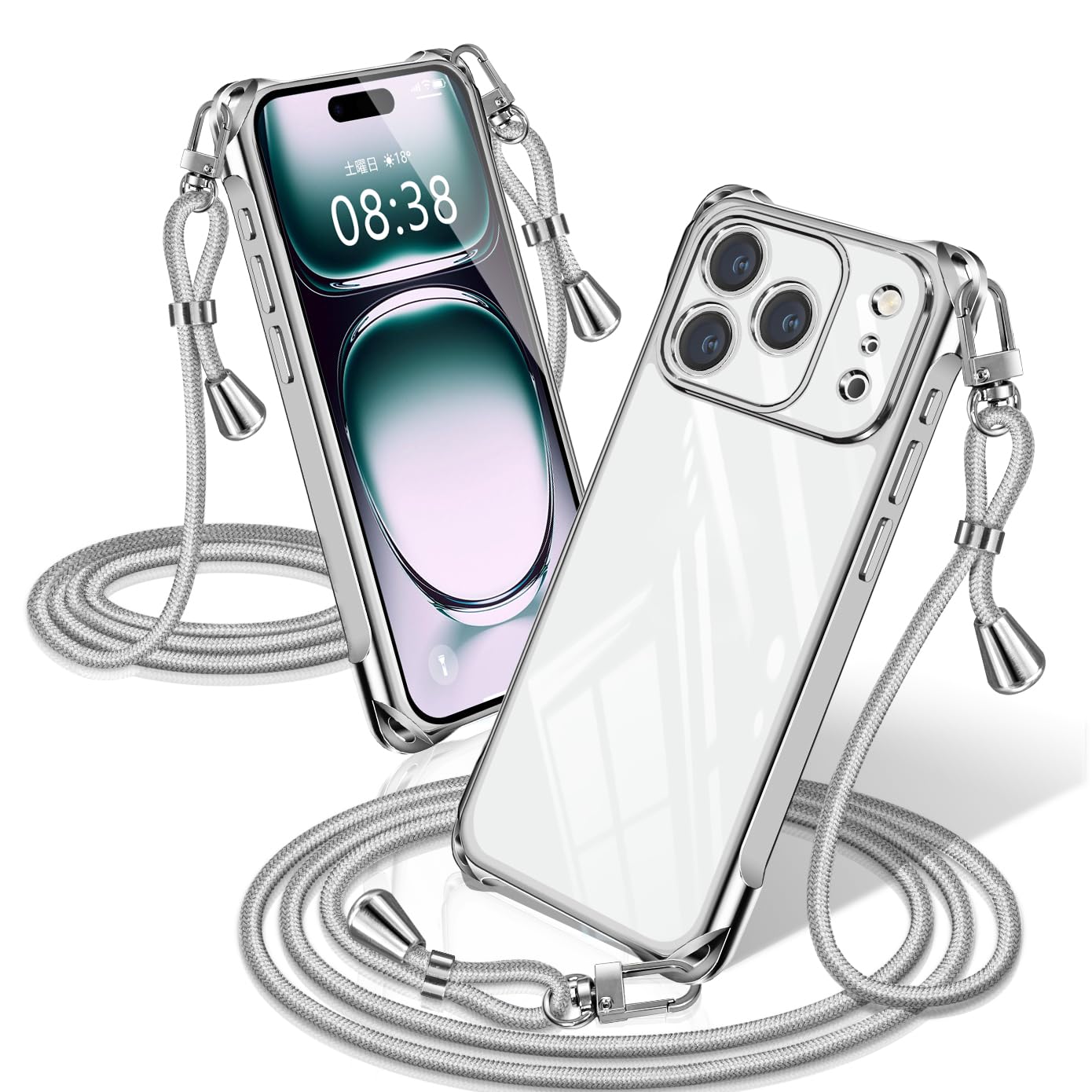 XIOYATY iPhone 17 Pro Max 用の ケース クリア ショルダー 耐衝撃 アイフォン17 Pro Max カバー ストラップ 透明 スマホケース 電気メッキ加工 肩がけ 首掛け 紐付き 縄掛け 斜めがけ 調節可能なショルダー TPUスマホ (シルバー)