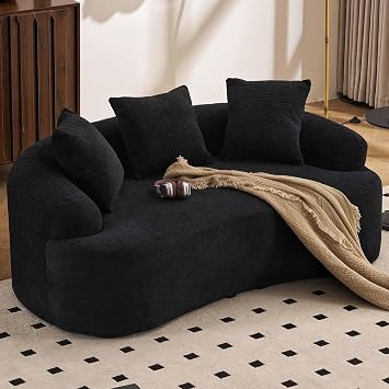 HRVEOCEI 65 Black Curved Couch& Loveseat Sofa with 3 Pillows, Compression Couch with Round Armrest, Suitable for Small Space, Bedroom, Living Room, Memory Foam, Chenille, No Assembly (Black)
