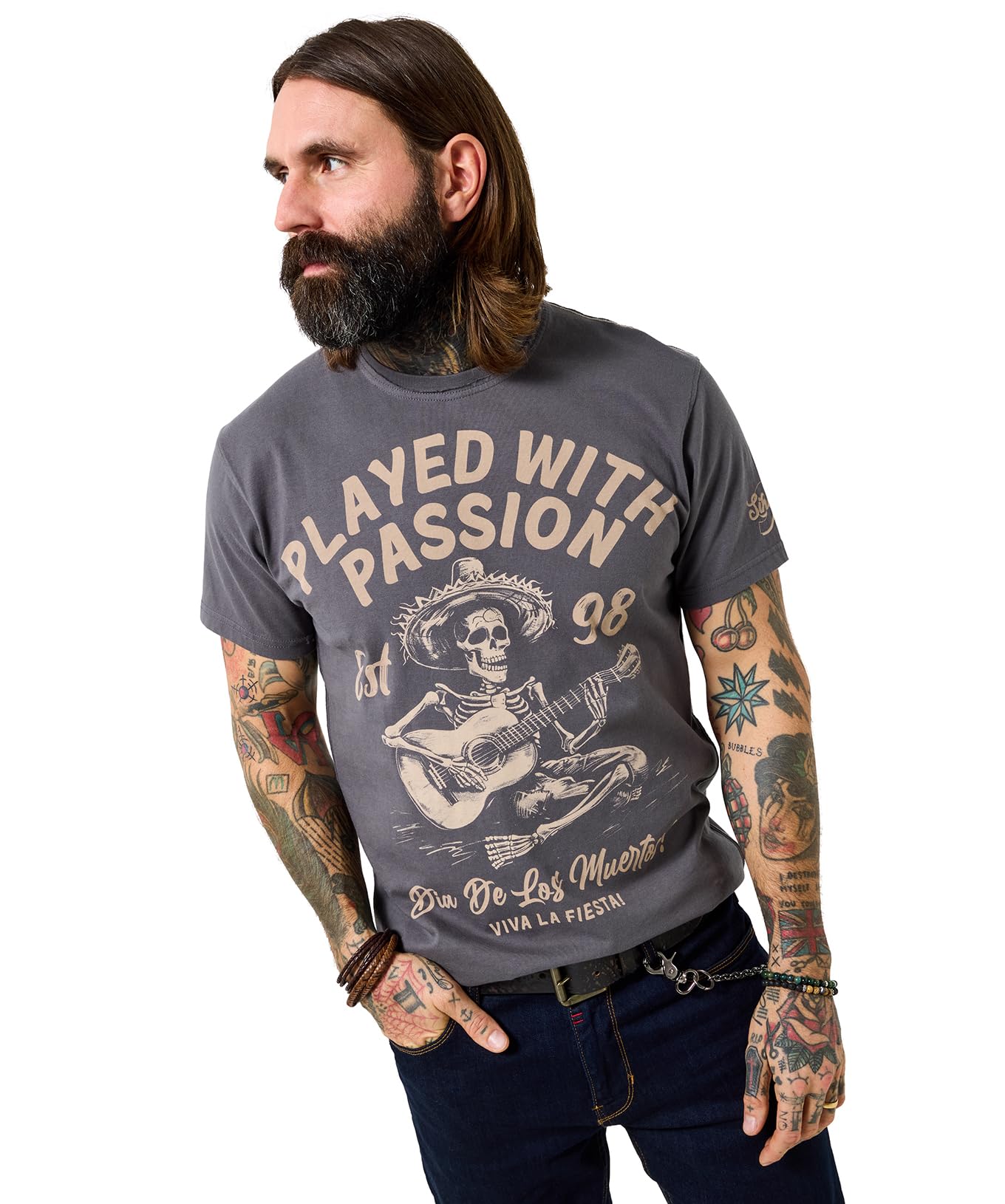 Joe Browns Men's Skeleton Guitar Graphic Tee, Regular, Grey, UK L