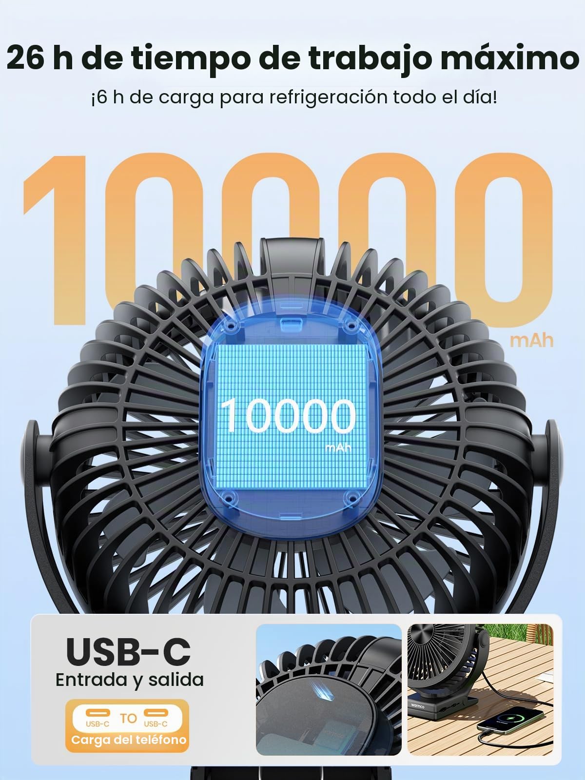 Warmco DJ10 10000 mAh Clip Ventilador con rotación de 720° para camping