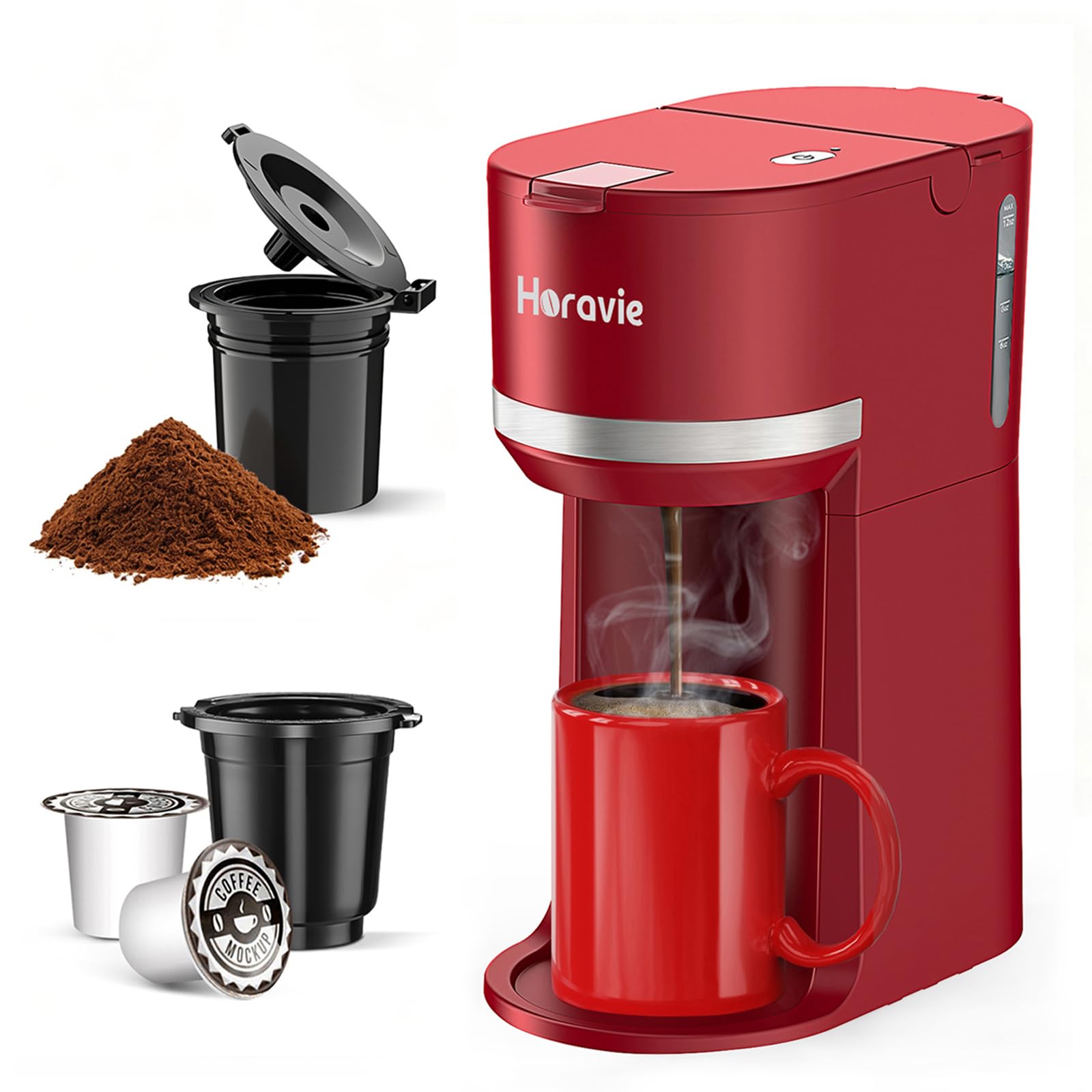 Photo 1 of Horavie Mini Single Serve Coffee Maker for K-Cup Pod and Grounds, Fast Brew One Cup Coffee Machine with Descaling Reminder and Water Window, 6 to 12 oz. Brew Sizes, Red