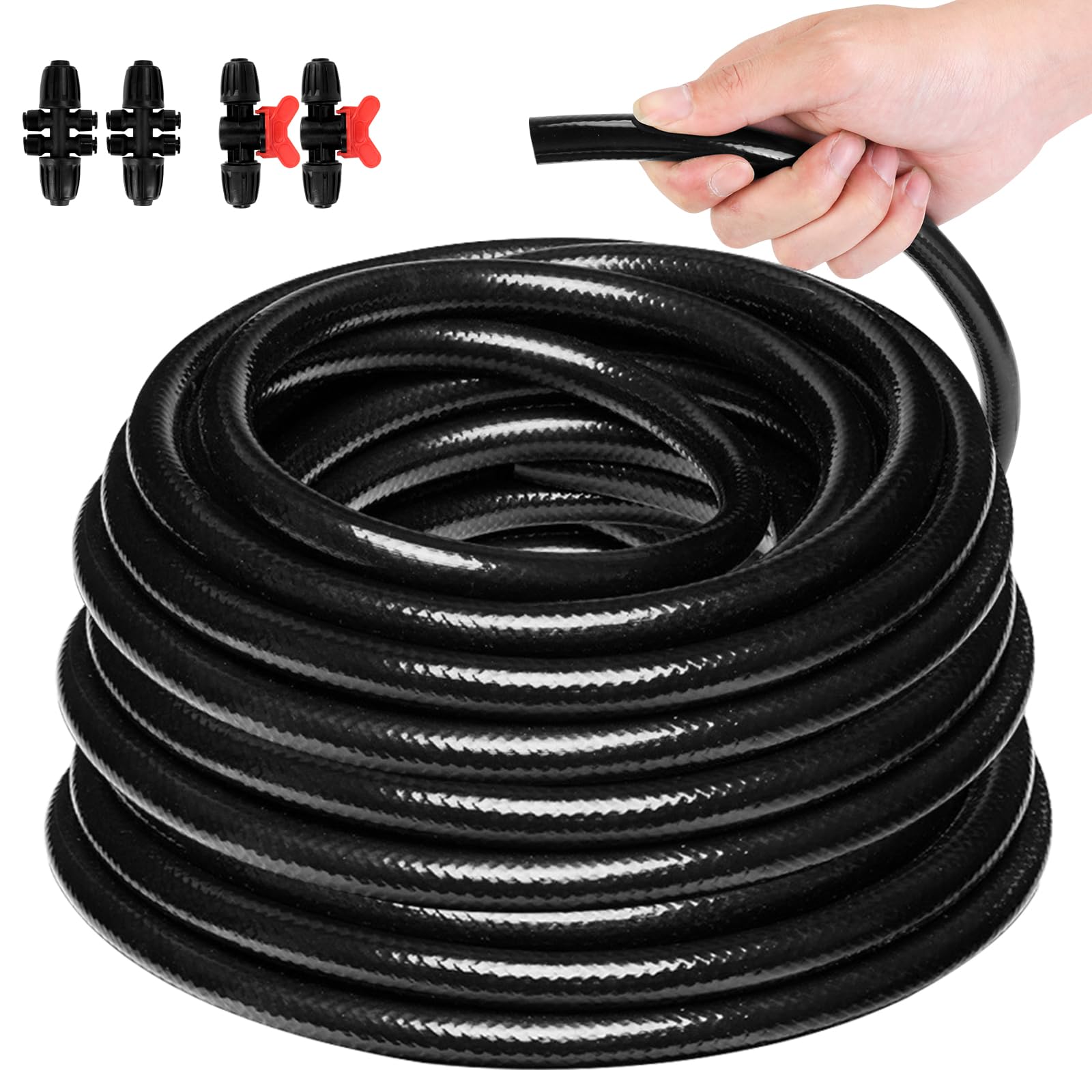 Photo 1 of 1/2 Inch Drip Irrigation Tubing - 50FT Flexible Garden Irrigation Hose for Outdoor Watering, Compatible with Most Drip System Fittings, 2 Six-Way Connectors & 2 Shut-off Valves Included (Black)
