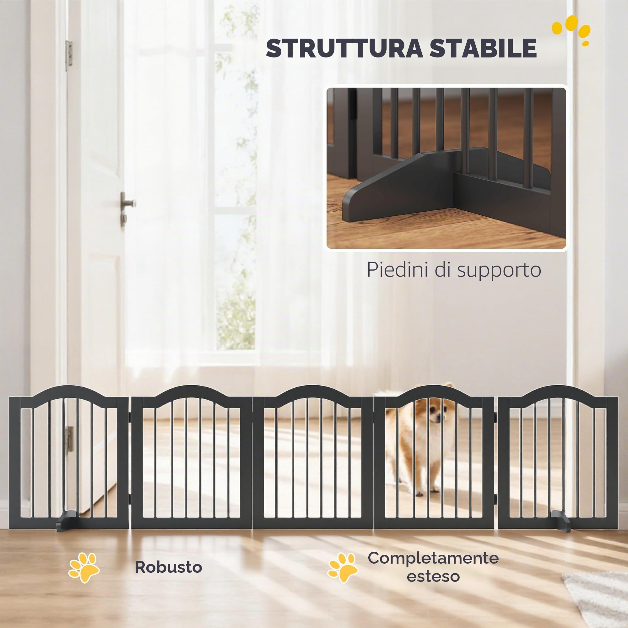PawHut Cancello animali autoportante con piedi per porta Nero | Cancello legno, recinto pieghevole, barriera sicurezza, casa, scale