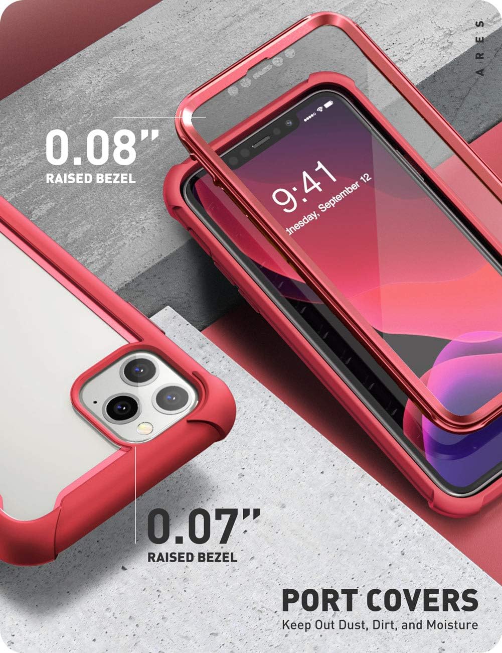 i-Blason Ares Case for iPhone 11 Pro Max 2019 Release, Dual Layer Rugged Clear Bumper Case with Built-in Screen Protector (Metalic Red)