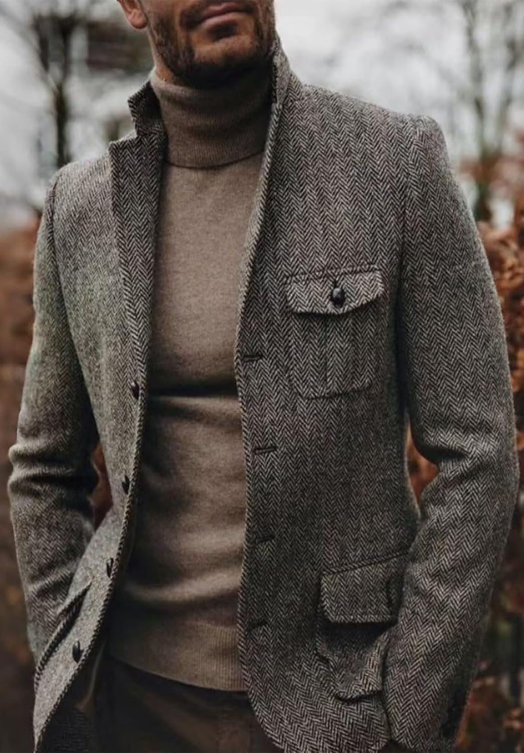 Mens Herringbone Tweed Blazer Business Casual Sport Coat Wool Blend Jacket for Wedding - Image 2