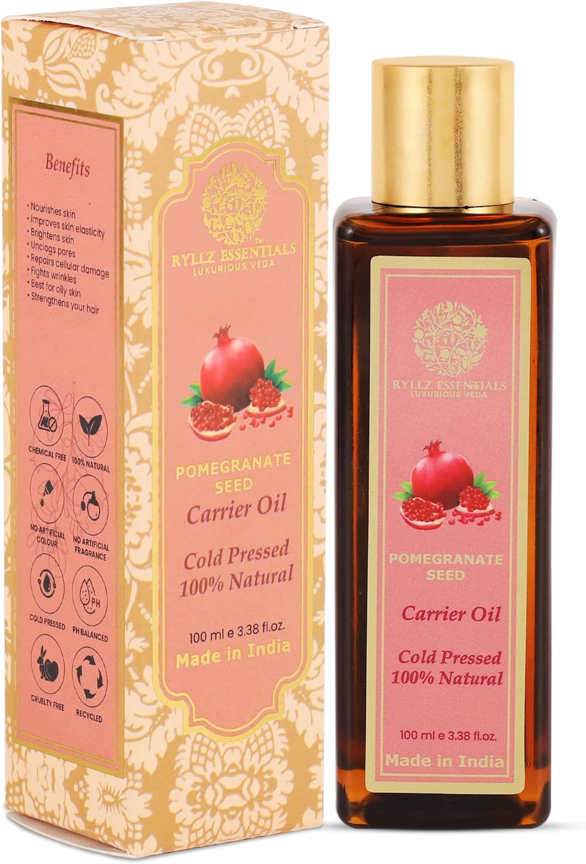 RYLLZ ESSENTIALS Pomegranate Seed Carrier Oil | 100% Pure & Natural | Cold pressed & Virgin Pomegranate Seed Oil | 100ml