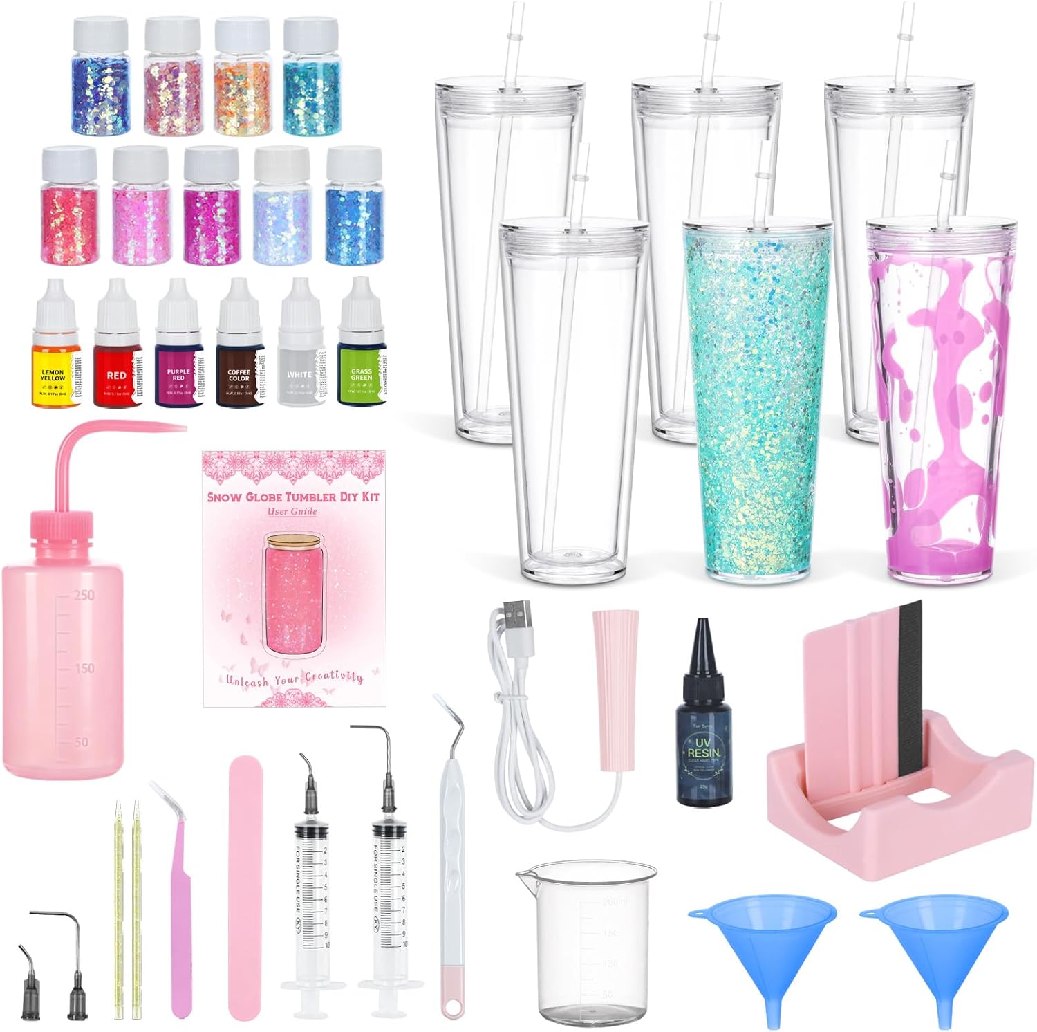 6 Pack 24 Oz Acrylic Lava Lamp Snow Globe Tumbler Diy Starter Kit, Double Wall Plastic Pre-Drilled Snowglobe Tumbler Supplies Craft Tool Set