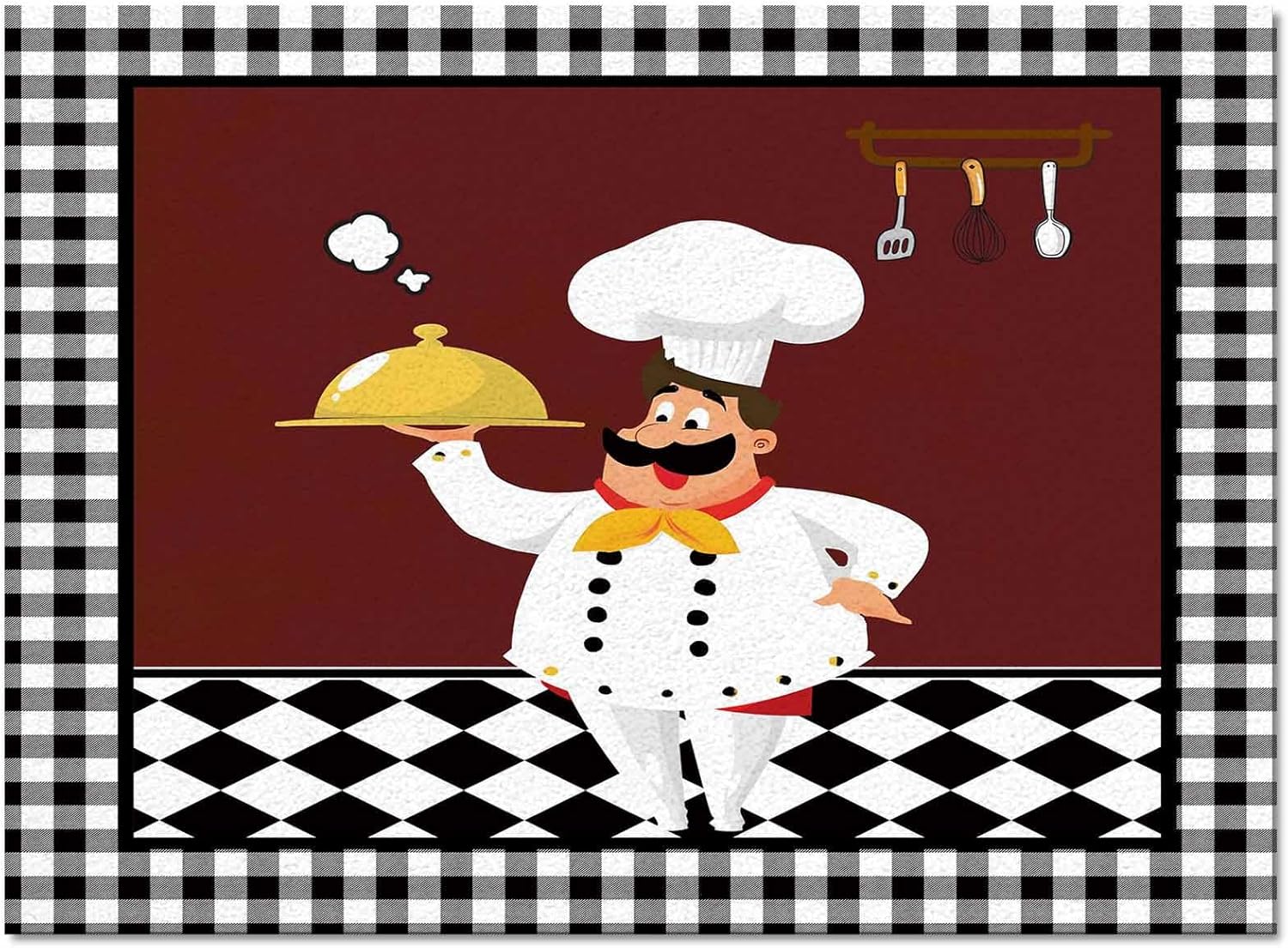 Non-Slip Rubber Backing Area Rug Soft Floor Carpet Cartoon Fat Chef Food Utensils Non-Shedding Bedroom Living Room Accent Rugs Dark Maroon Buffalo Grid Absorbent Indoor Kitchen Runner Rugs 32x60in