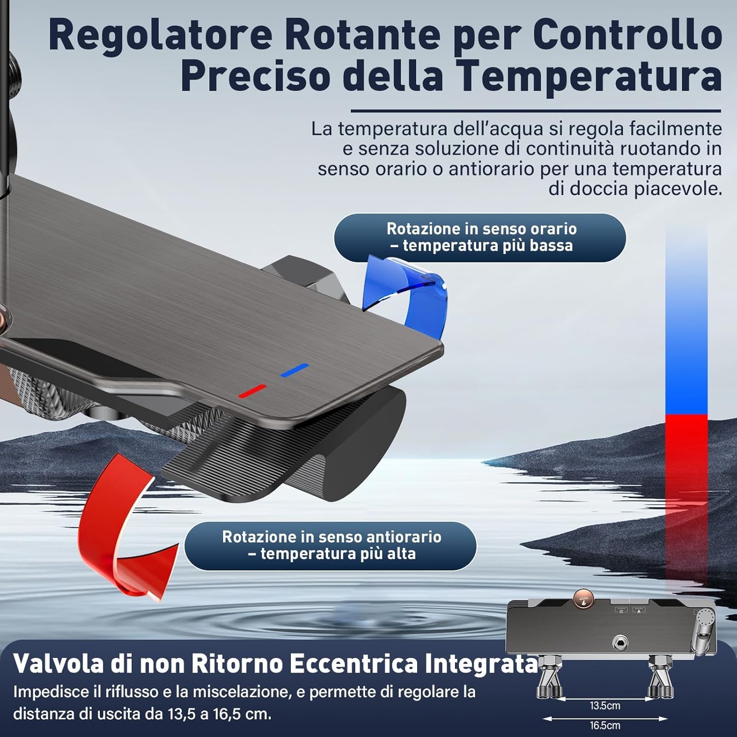 Colonna Doccia con Miscelatore, Set Doccia Soffione e Doccetta a Man, Pannello Comando Piano 4 Funzioni, Asta Saliscendi Altezza Regolabile, Corpo in Ottone Massiccio e Vetro Temperato-Grigio