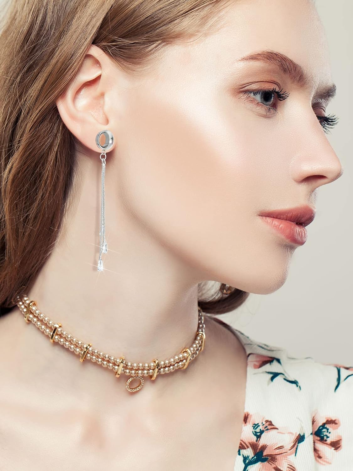 8 Pcs 10 mm Dangle Gauges for Women Sliver Stainless Gauge Earrings Hypoallergenic Chain Ear Tunnels with Moon Star Leaf Dangle Chain for Gen Z & Piercing Enthusiasts, Daily & Festival Wear