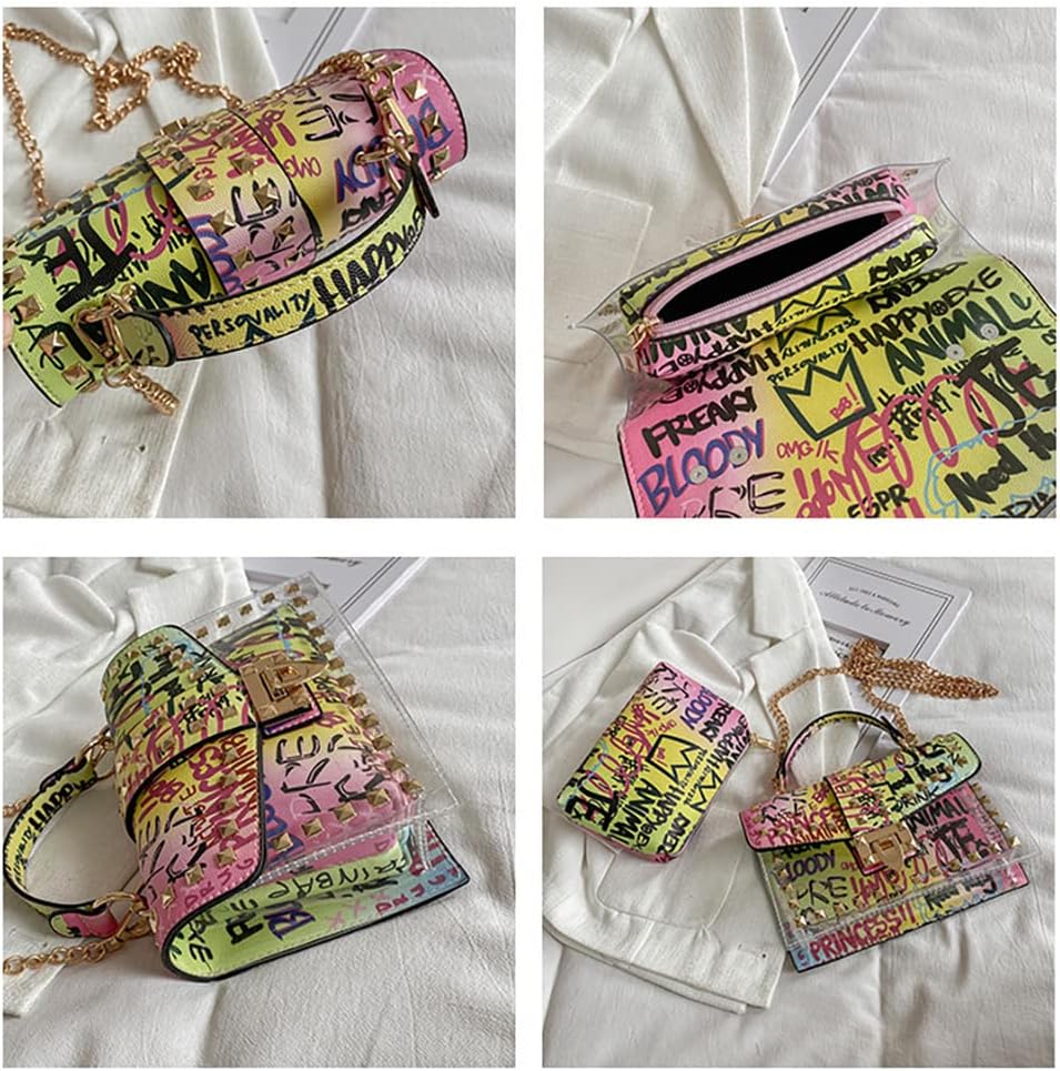 PU Leather Graffiti Shoulder Crossbody Rivet Square Snake-shaped Pattern Chain Bag - Image 6