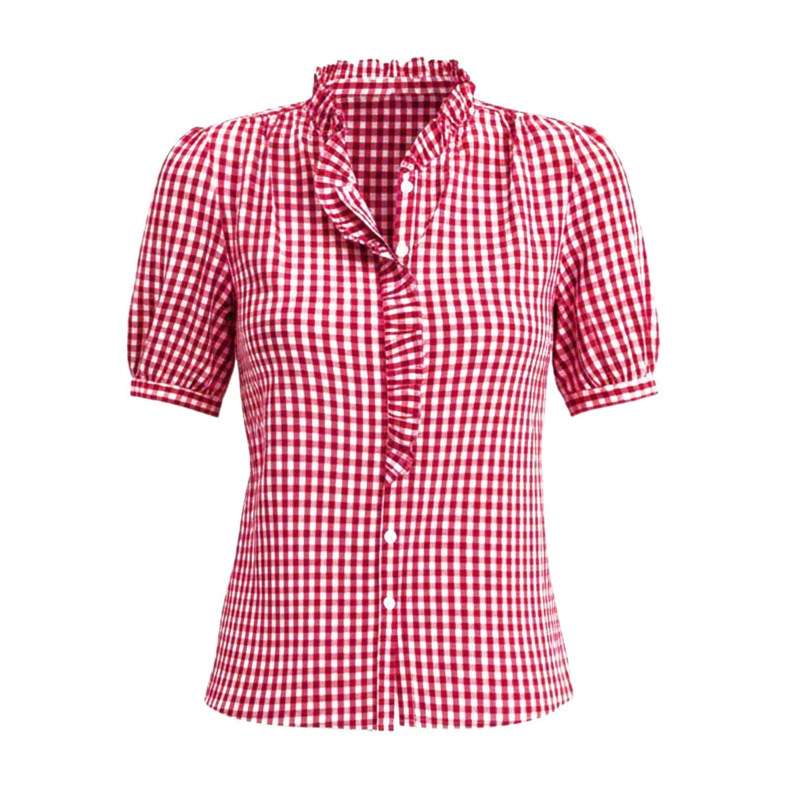 Generisch Trachtenbluse Damen Oktoberfest Kariert Bluse - Trachten Oberteil mit Stehkragen & Herzknöpf, Oktoberfest Outfit Modern Atmungsaktiv Trachtenhemd Große Größen Trachtenblusen Dirndl Blusen