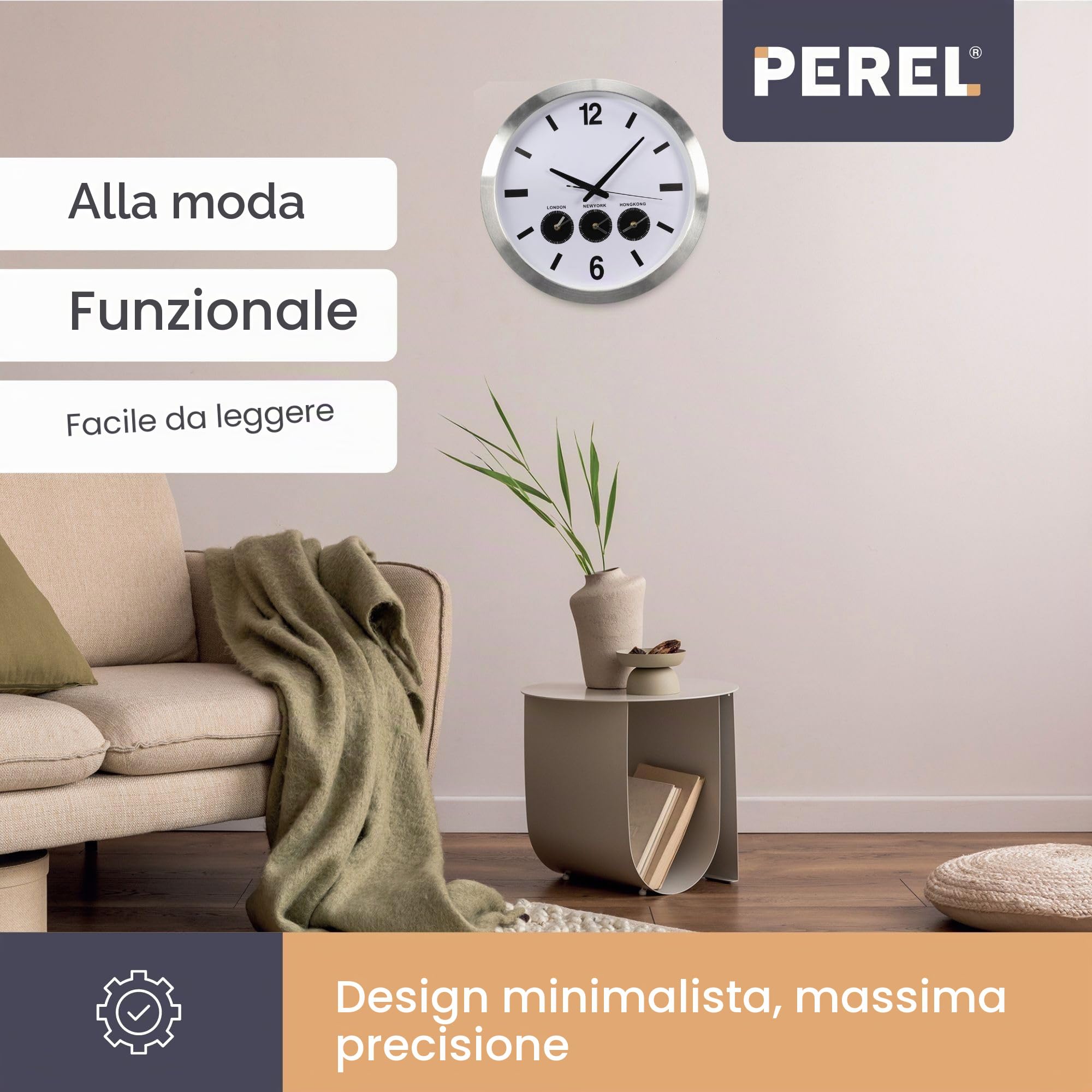 Perel Orologio mondiale analogico con 3 fusi orari, sincronizzazione automatica DCF, ampio quadrante facile da leggere, orologio da parete con cambio automatico ora legale/solare, ideale per ufficio