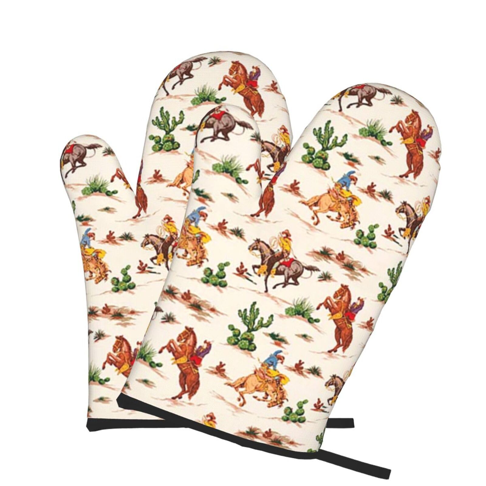 Oven Mitts Set of 2 Pcs, Cowboy Ride Horse Prints Heat Resistant Kitchen Gloves for Cooking Baking Grilling