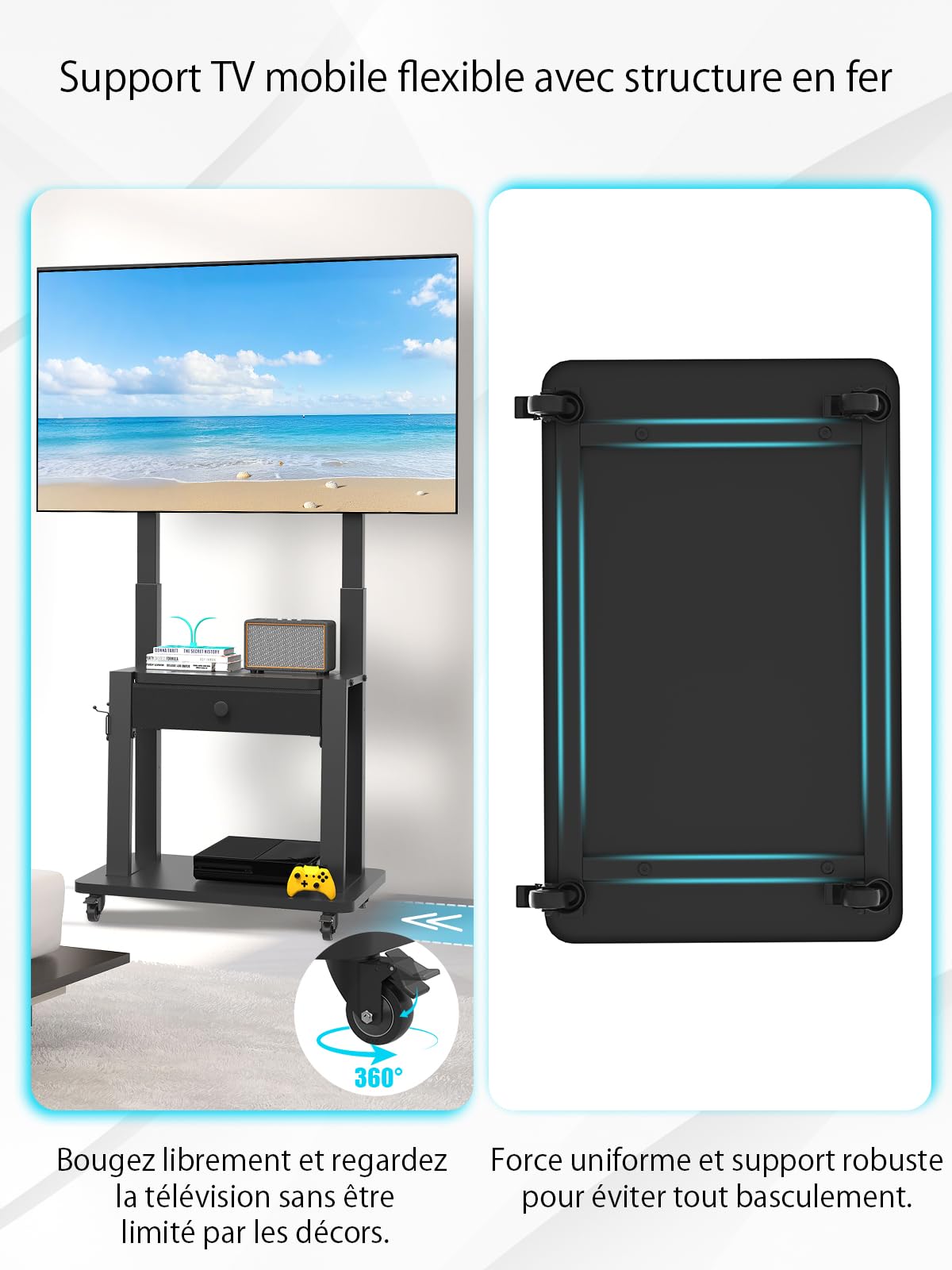 Support TV Roulant avec tiroir de Rangement en Tissu pour écran Plat/incurvé de 32-75" jusqu'à 100 kg LCD/LED/OLED Hauteur réglable Chariot TV Mobile avec Roues pour la Maison, Le Bureau et, Noir
