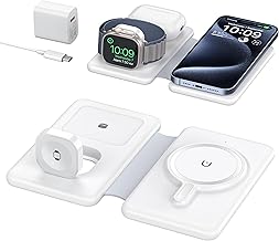 EXW Chargeur à Induction, Mag-Safe Station de Charge Portable Pliable, Chargeur sans Fil 3-en-1 pour iPhone 16 15 14 13 12, pour iWatch Ultra/10/9/8/7/6/SE/5/4/3, pour AirPods Pro/2/3/4 (Blanc)