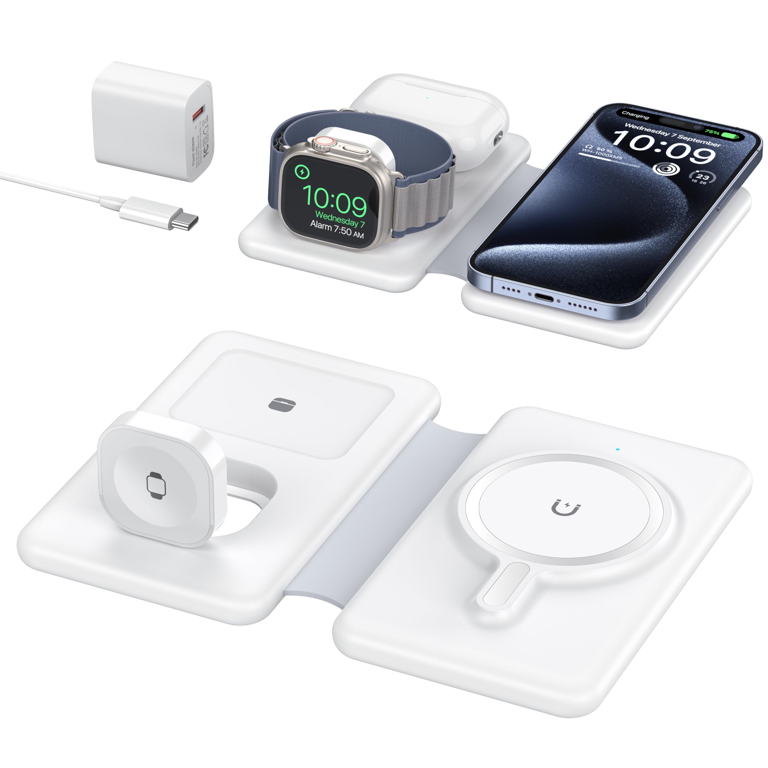 QTlier Station de Charge Apple 30W, Chargeur Induction 3 en 1 Magnétique, Chargeur sans Fil Compatible avec iPhone 16/15/14/13/12 Série, Apple Watch 8/7/6/5/4/3/2/SE et AirPods 3/2/Pro(Blanc)