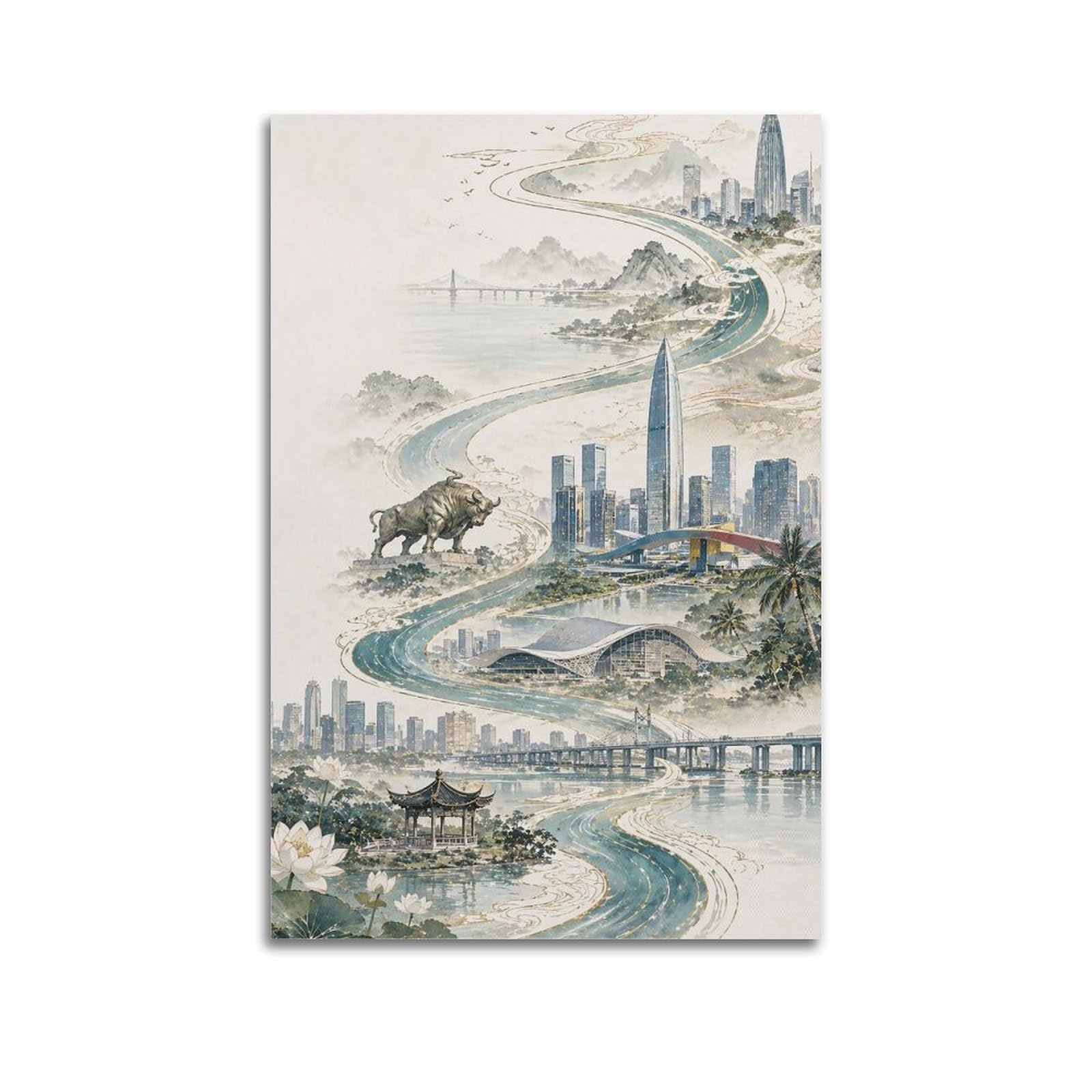 XKUGA Travel Chinese Ink Poster Shenzhen City Skyline Landscape Modern Decorative Canvas Prints - Ideal Wall Art for Family, Man Cave, Game Room, Boys & Girls Bedroom 20x30inch(50x75cm)